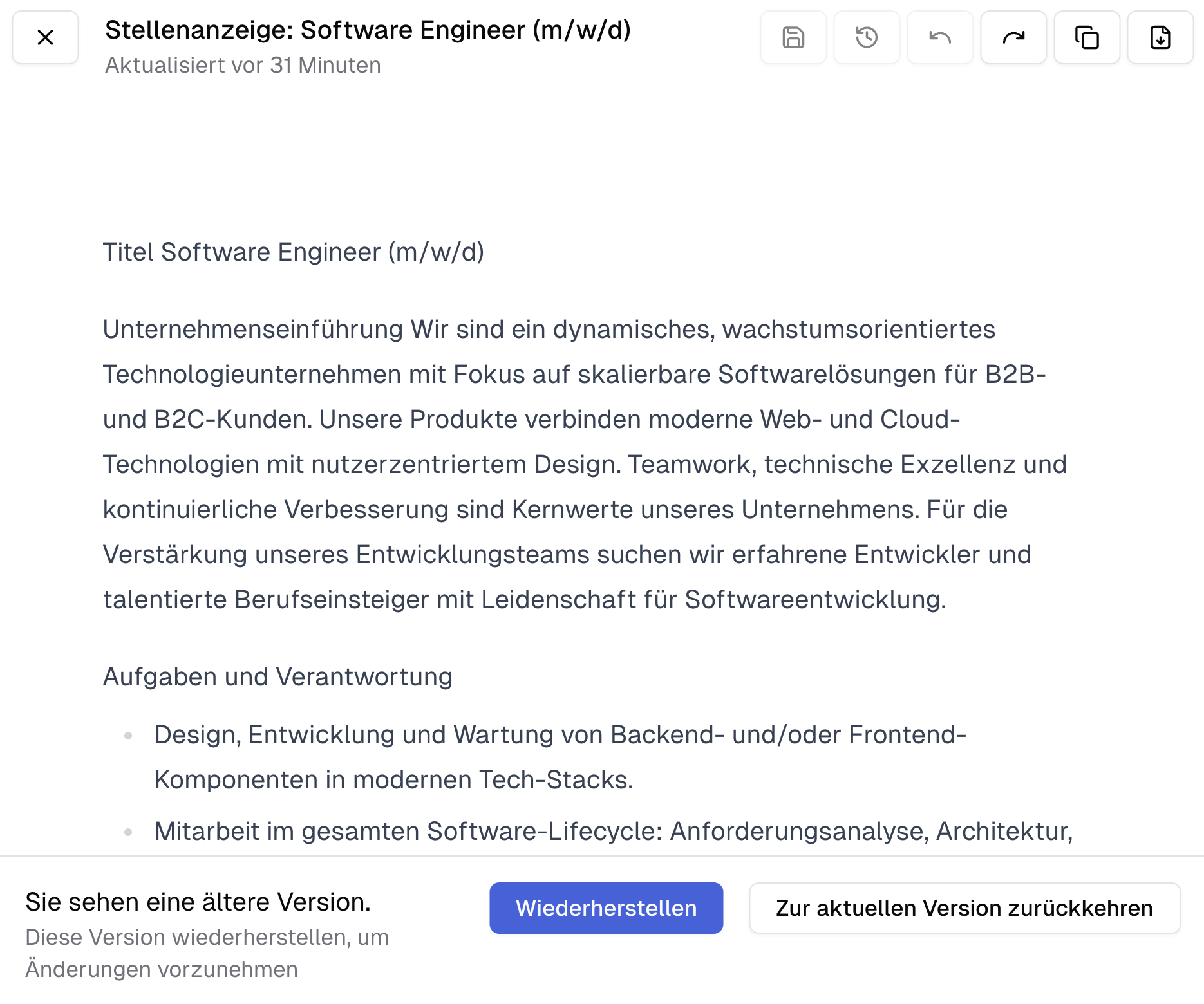 Chat mit geöffnetem Canvas und der Möglichkeit eine frühere Version wieder herzustellen.