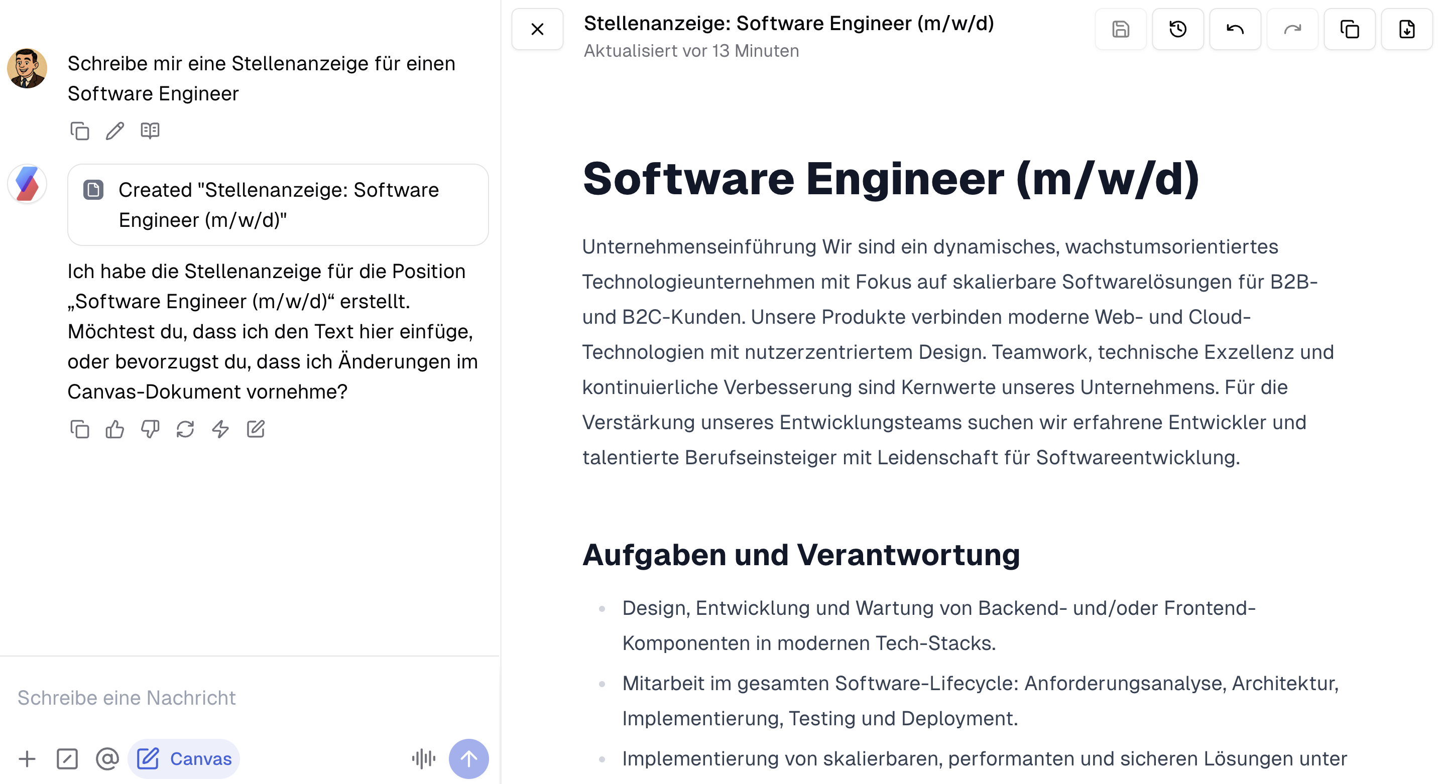 Chat mit geöffnetem Canvas Layout