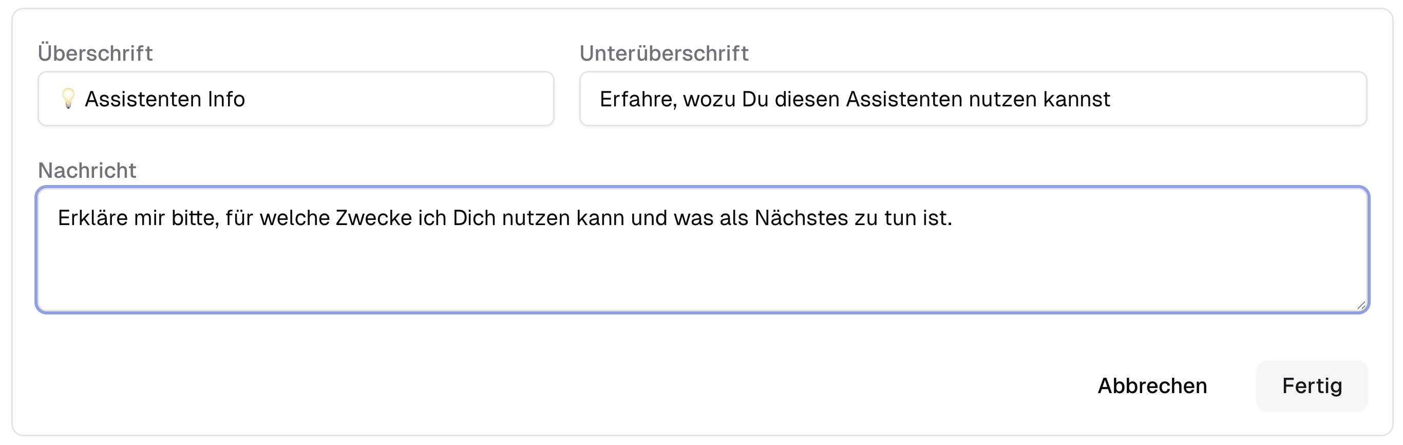 Beispiel eines Gesprächsanfangs im Assistenten