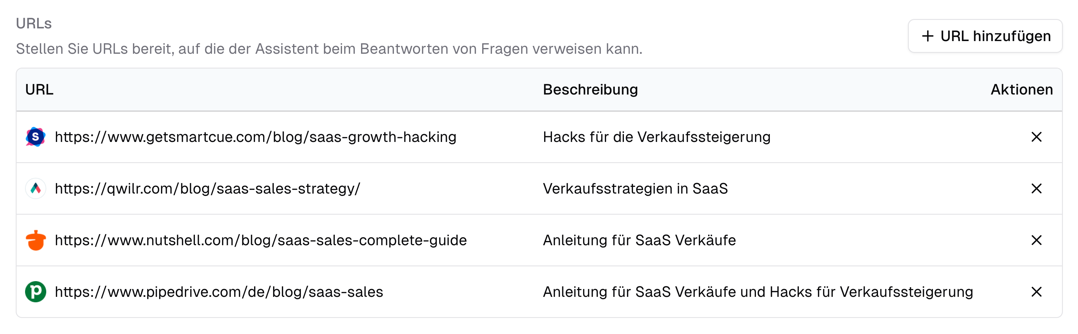 URLs für den Assistenten hinterlegen