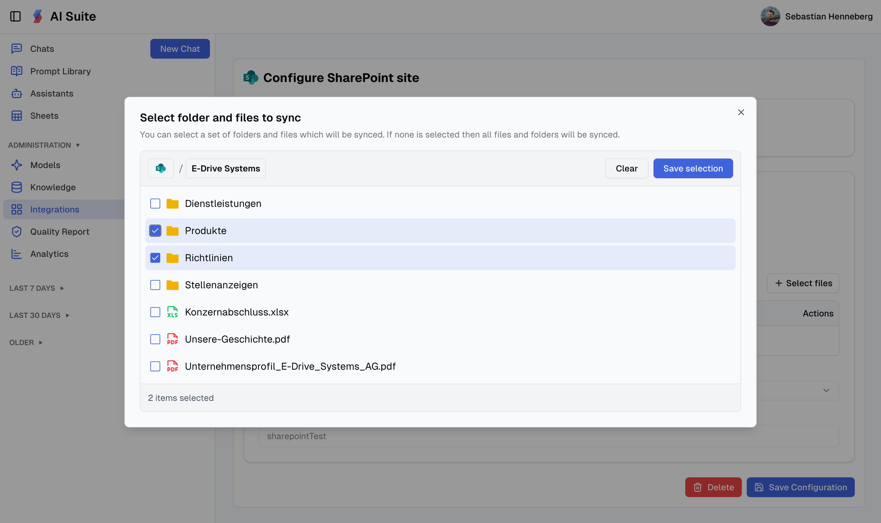 Neue Dateiauswahl in SharePoint-Integration in synsugar AI Suite v1.5.0