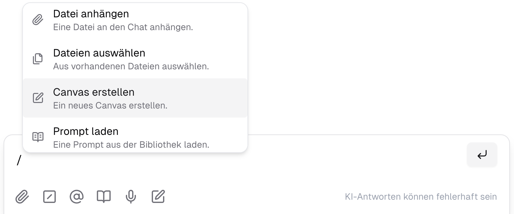 Aktivierung des Canvas Tools mit Slash-Command