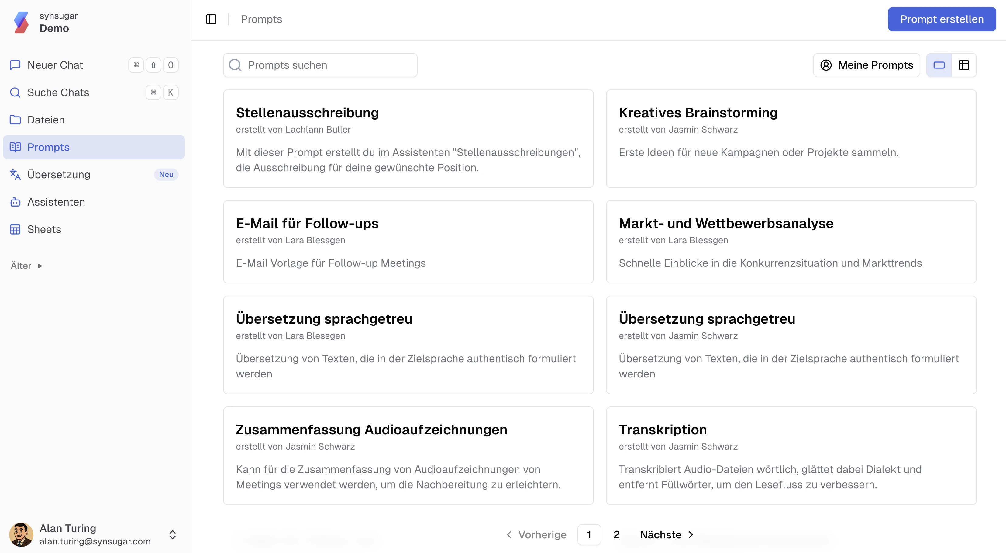 Prompt-Bibliothek Startbildschirm