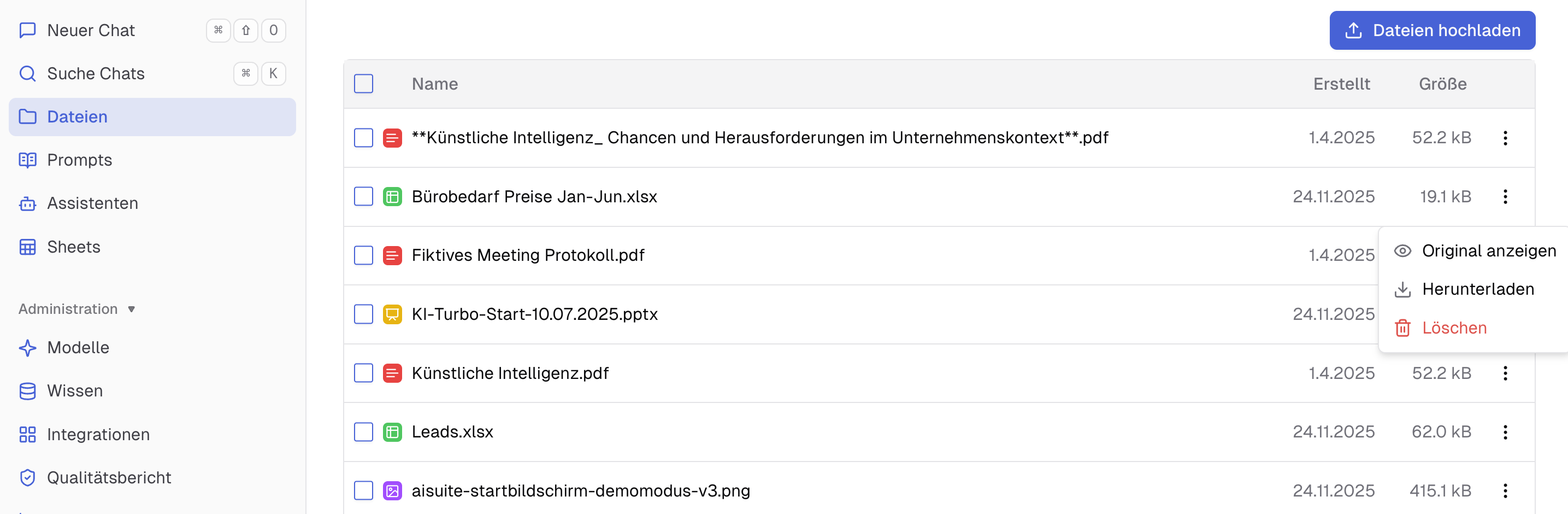 Dateien Bereich Ansicht in der synsugar AI Suite v2.7.0