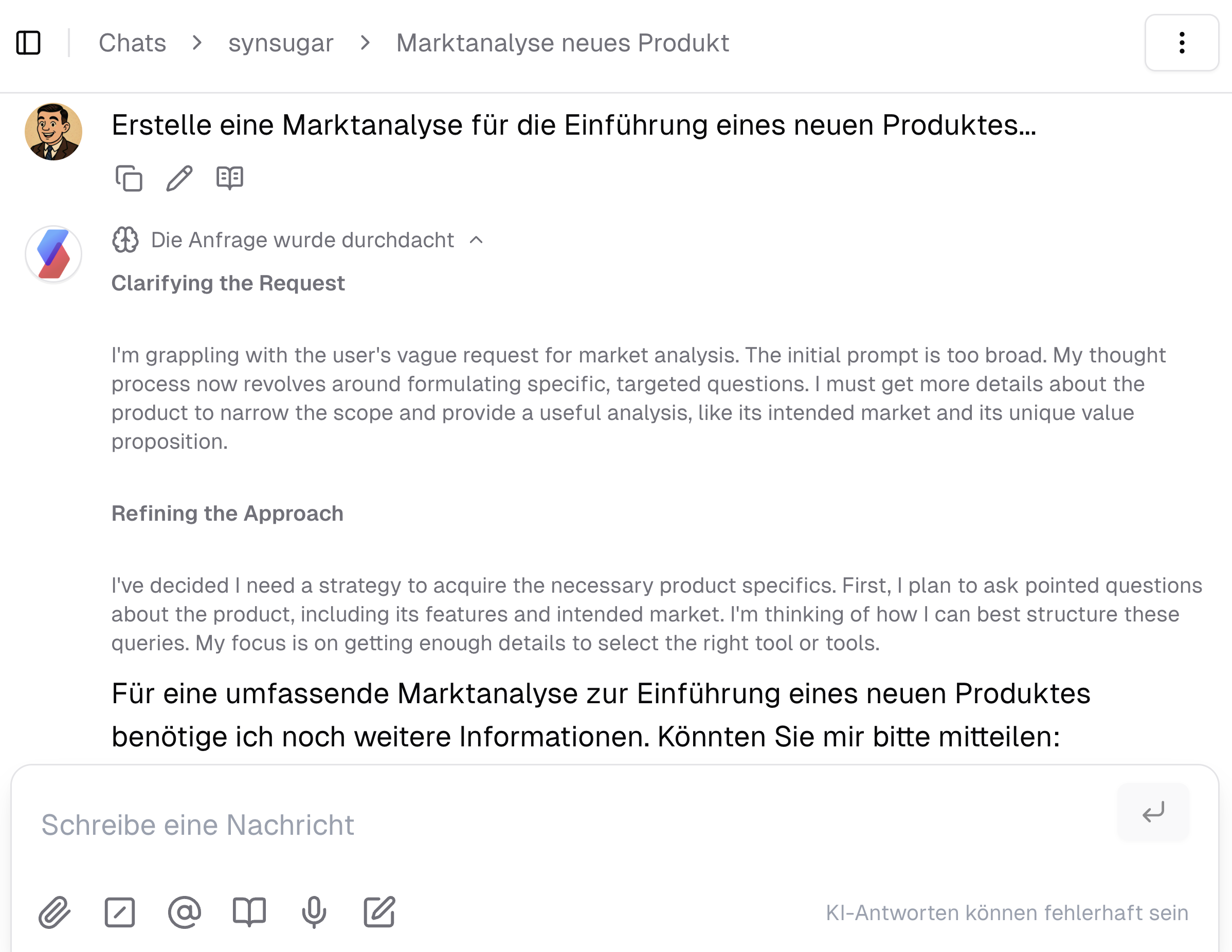 Reasoning Output Beispiel in der synsugar AI Suite v2.7.0