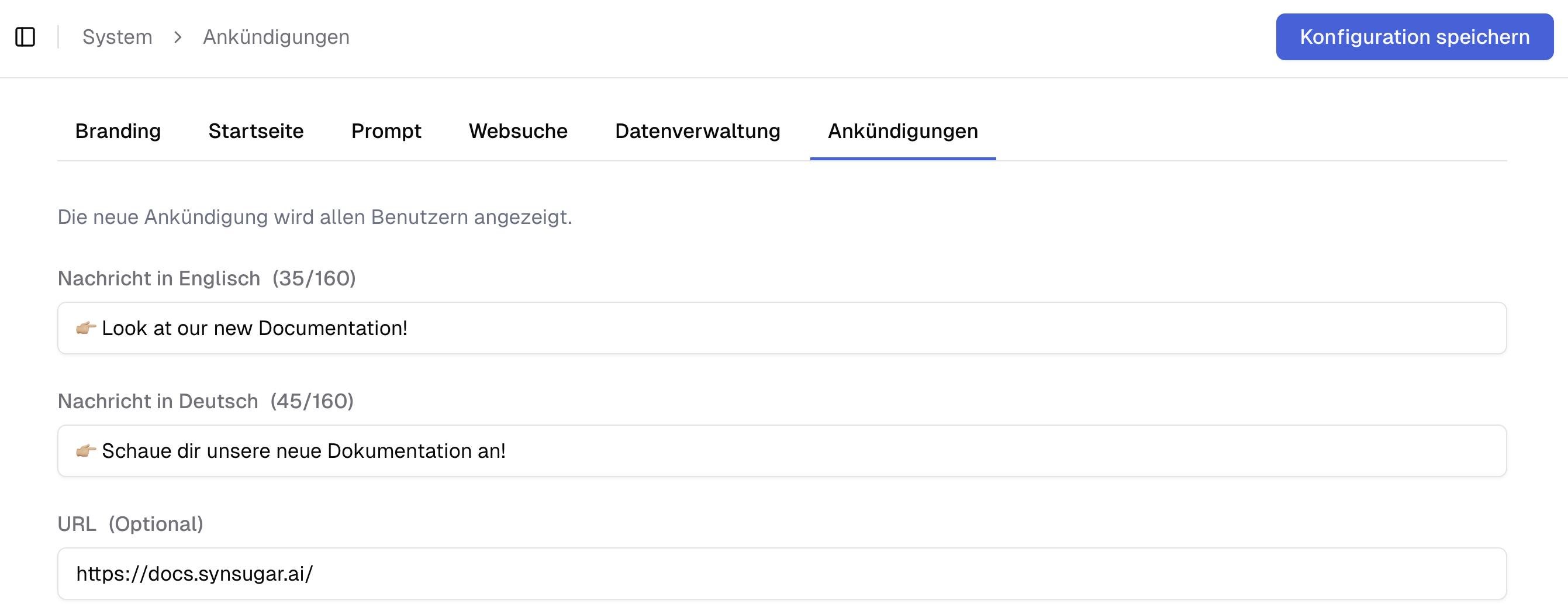 Kurze Admin-Ankündigungen über einen Banner in der synsugar AI Suite v2.4.0