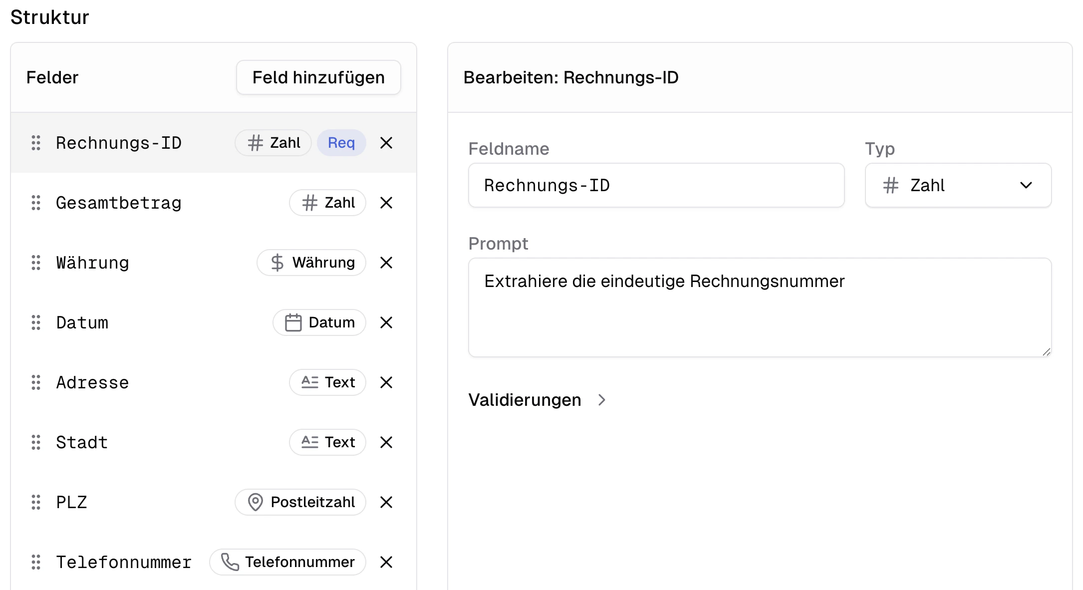 Felder in neuem Sheet Felder definieren