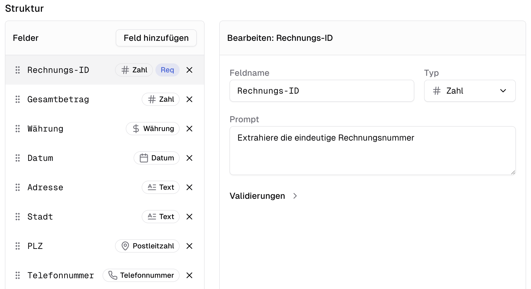 Felder in neuem Sheet Felder definieren