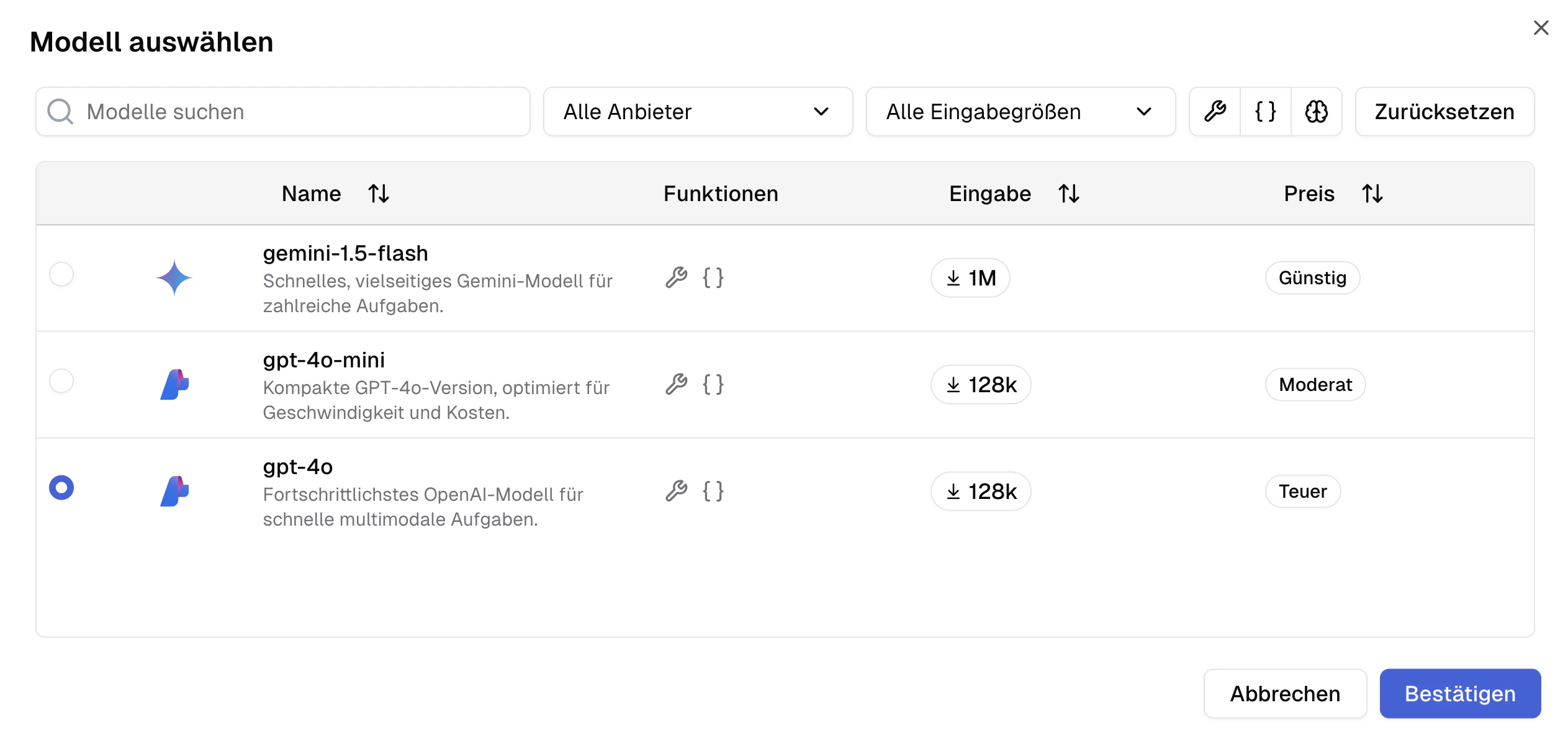 Neues Sheet Sprachmodellauswahl