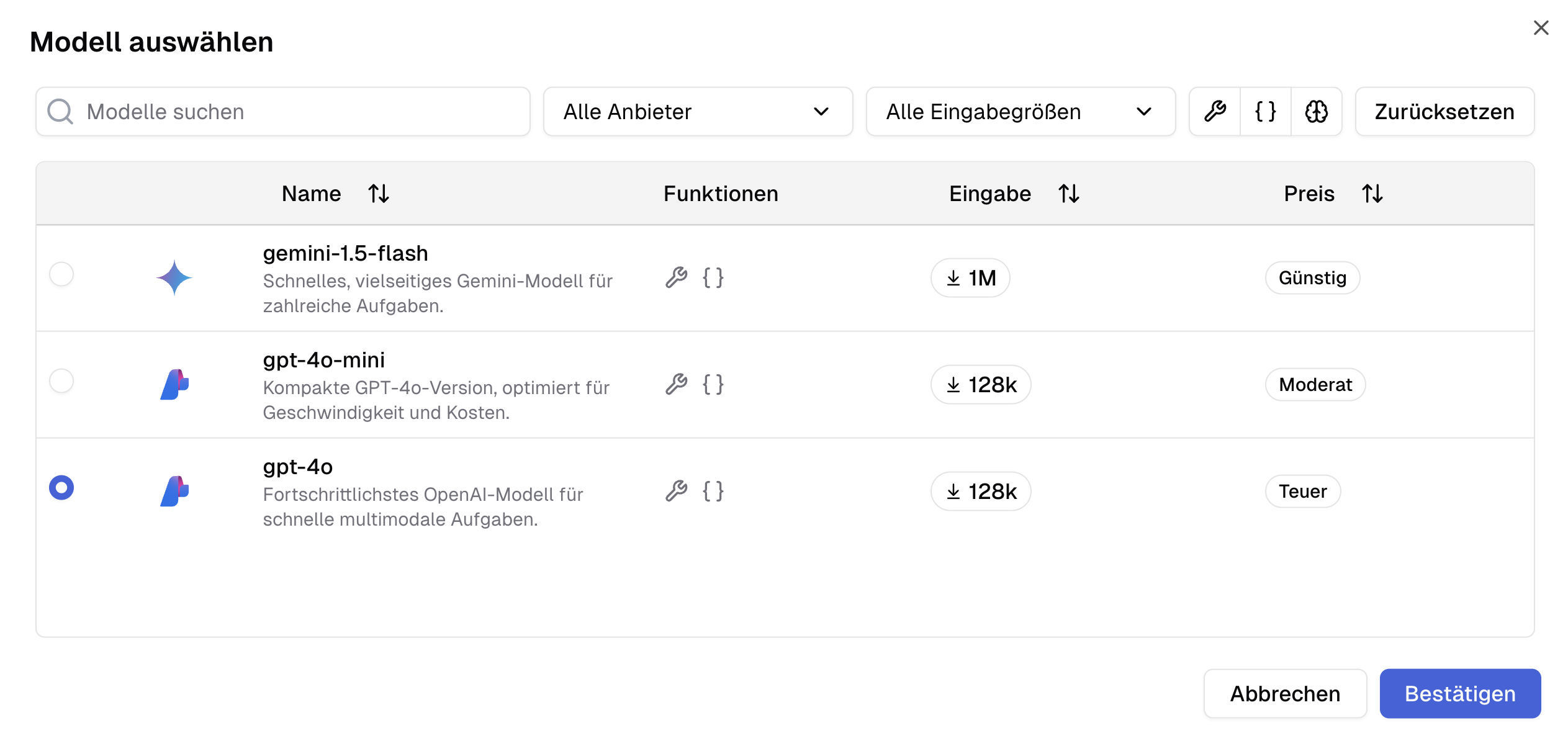 Neues Sheet Sprachmodellauswahl