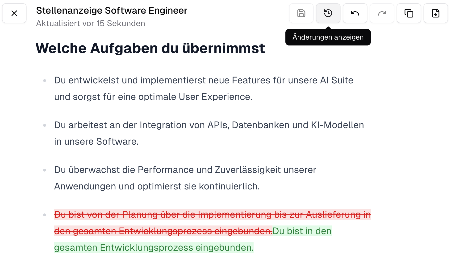 Geöffnetes Canvas mit farblicher Hervorhebung der Versionsänderungen.