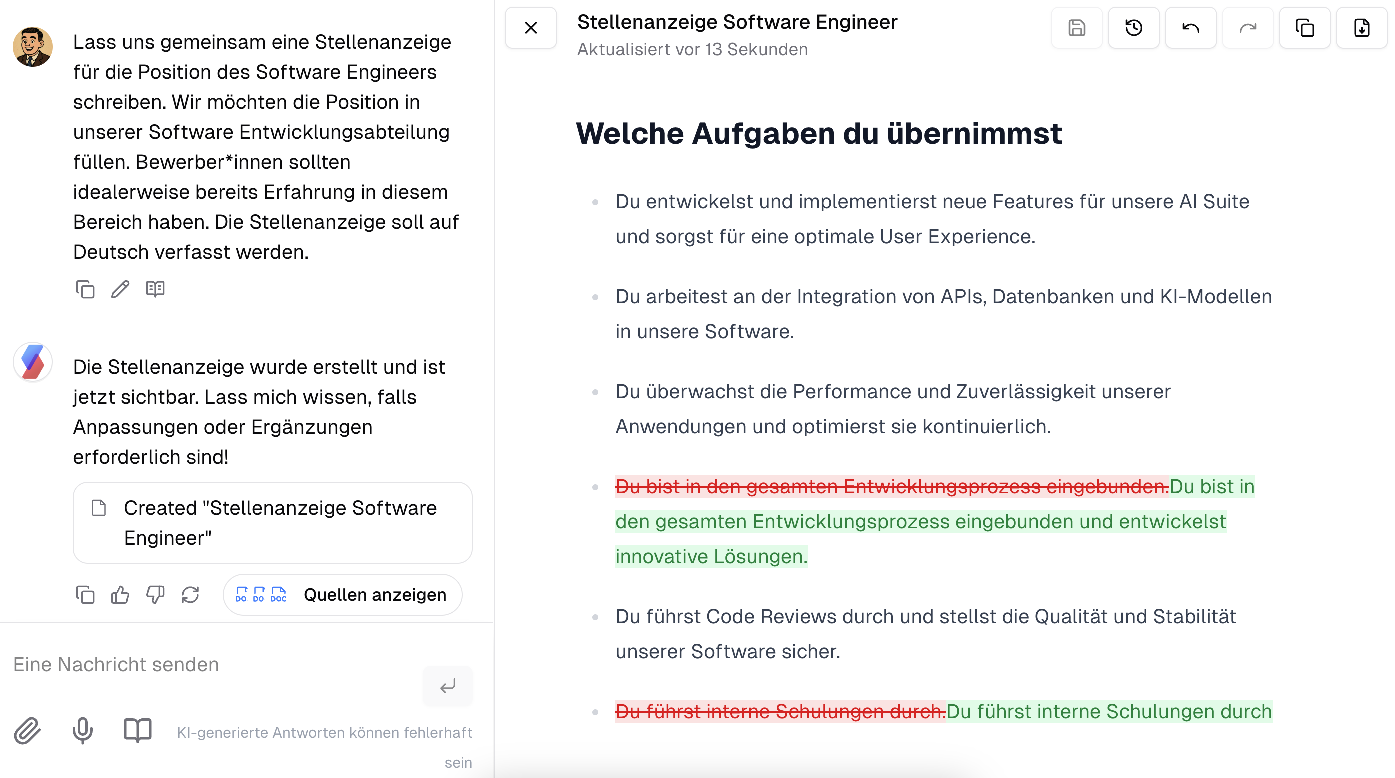 Chat mit geöffnetem Canvas und mit farblicher Hervorhebung der Versionsänderungen.