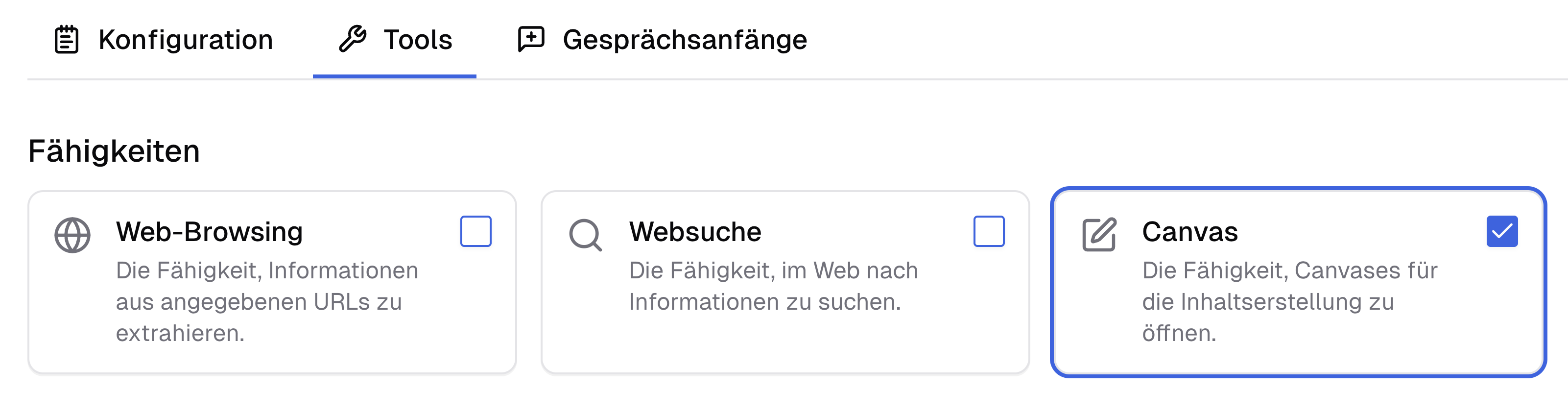 Aktivierung des Canvas Tools durch Konfiguration, über den Tools Button in einem Assitanten