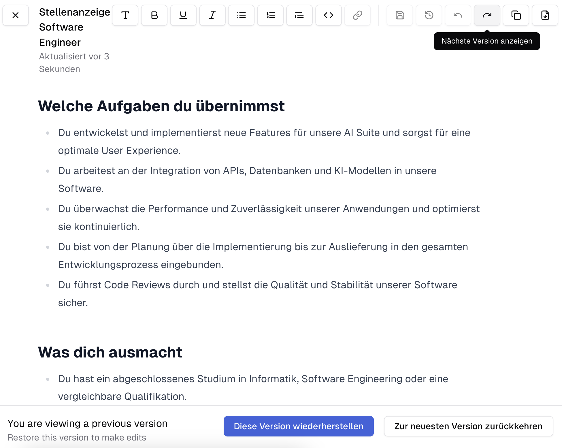 Chat mit geöffnetem Canvas und der Möglichkeit eine frühere Version wieder herzustellen.