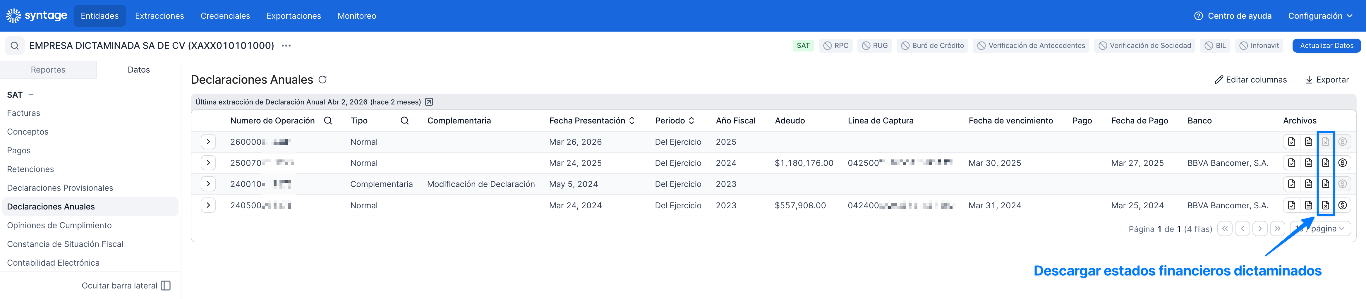 Descarga de declaración anual dictaminada disponible en un reporte de Syntage
