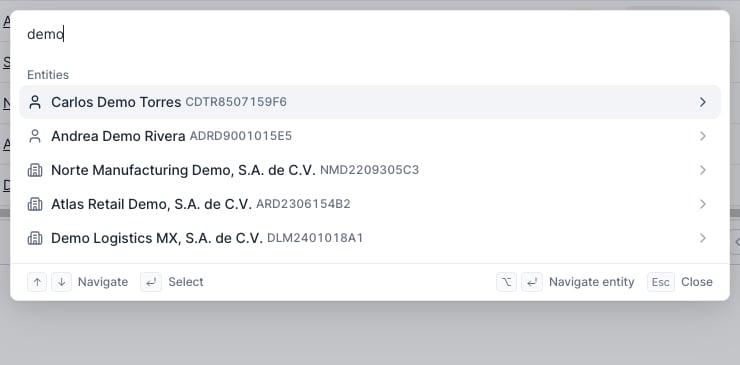 Command palette showing demo entity search results