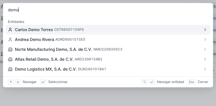 Paleta de comandos con resultados de búsqueda de entidades demo