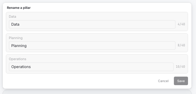 The rename a pillar form with fields for Data, Planning, and Operations