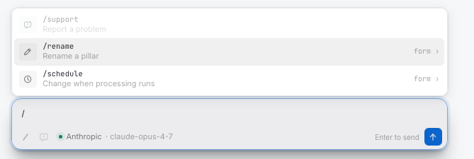 The slash command menu showing /support, /rename, and /schedule