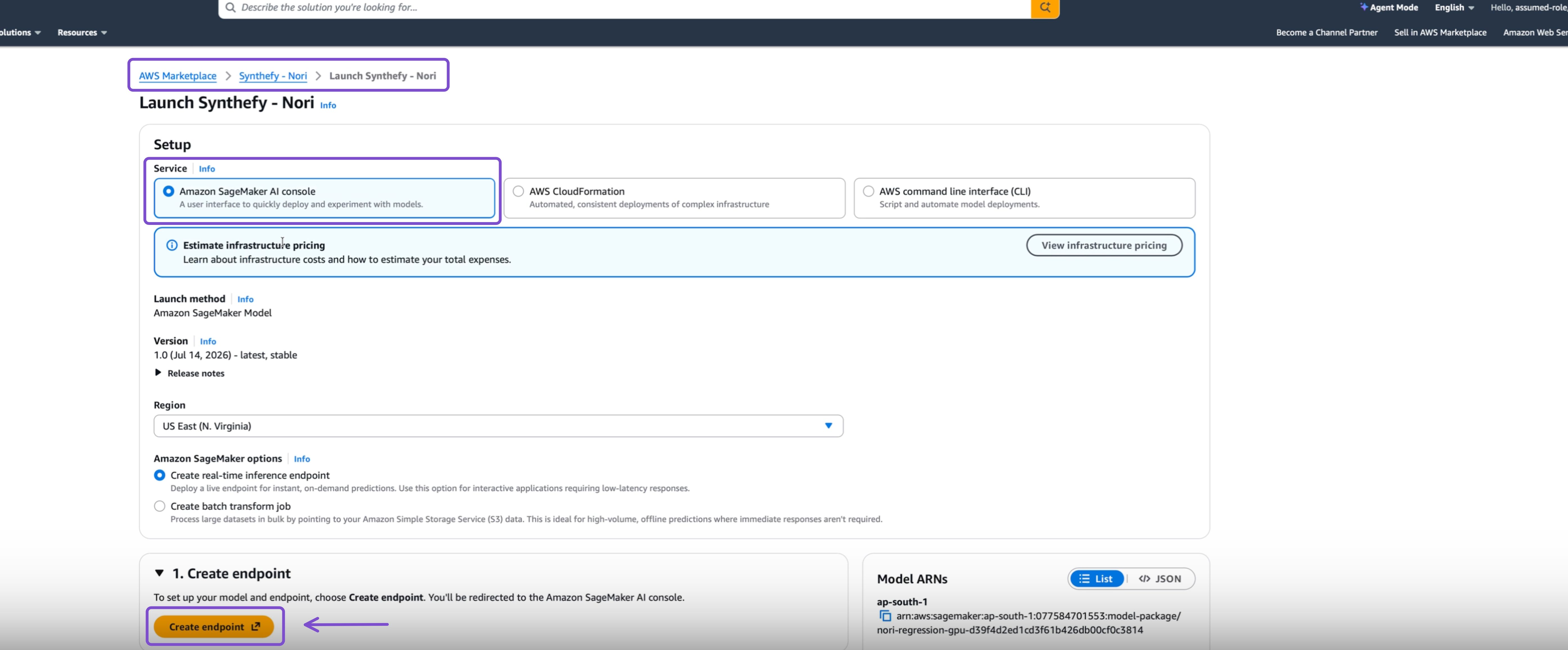 AWS Marketplace launch page configured for a SageMaker real-time inference endpoint