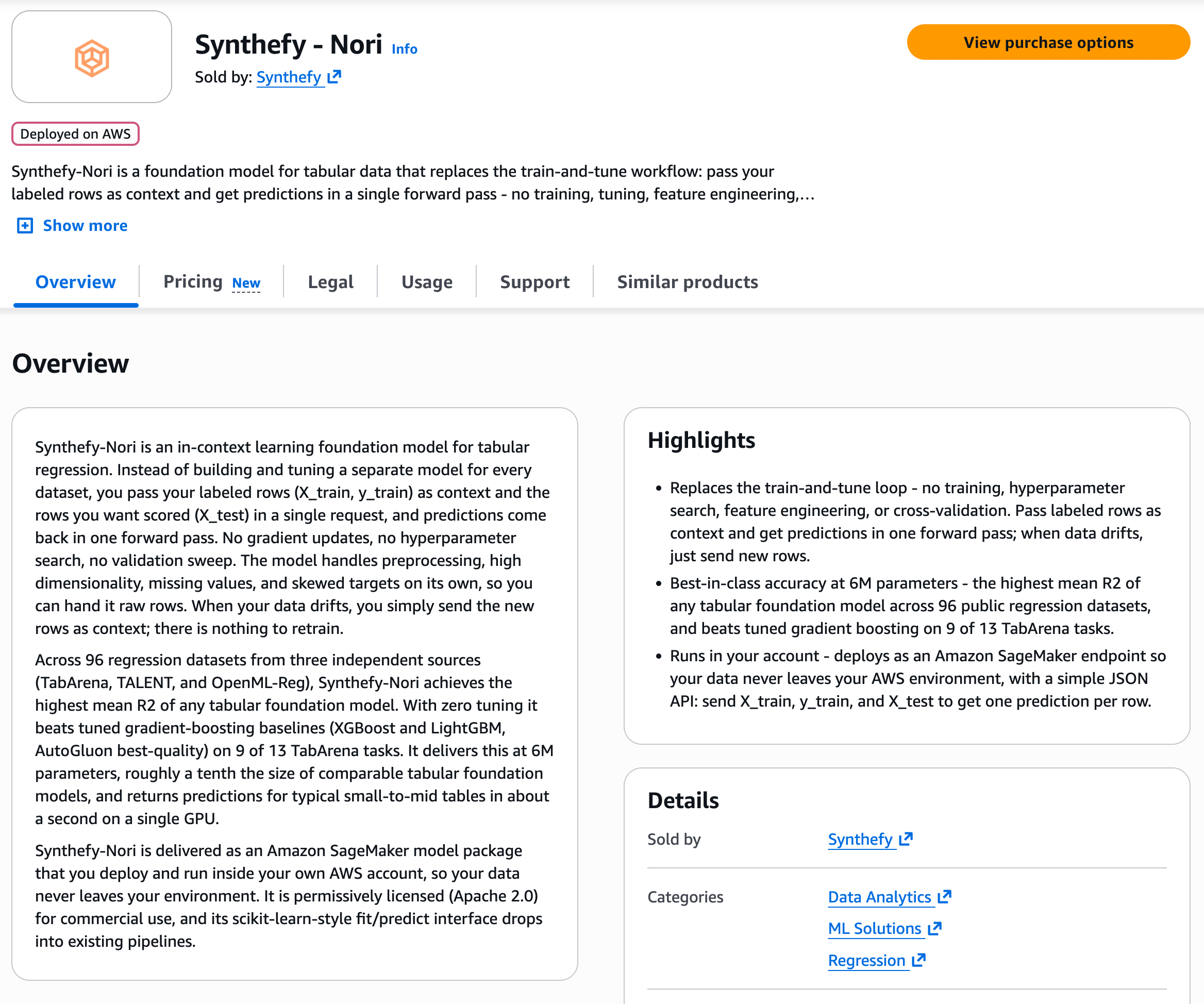 Synthefy Nori product page in AWS Marketplace with View purchase options