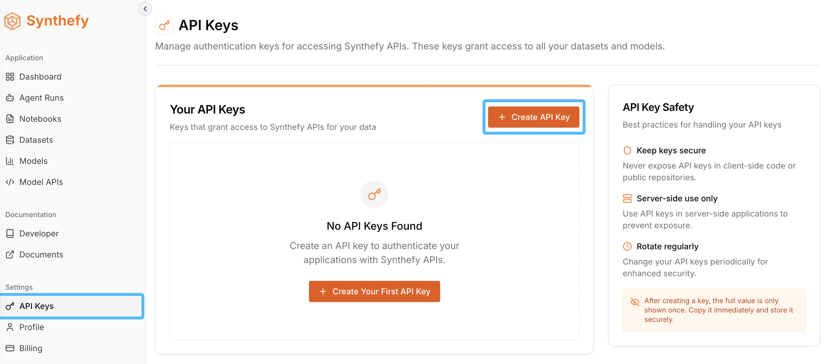 API key creation screen