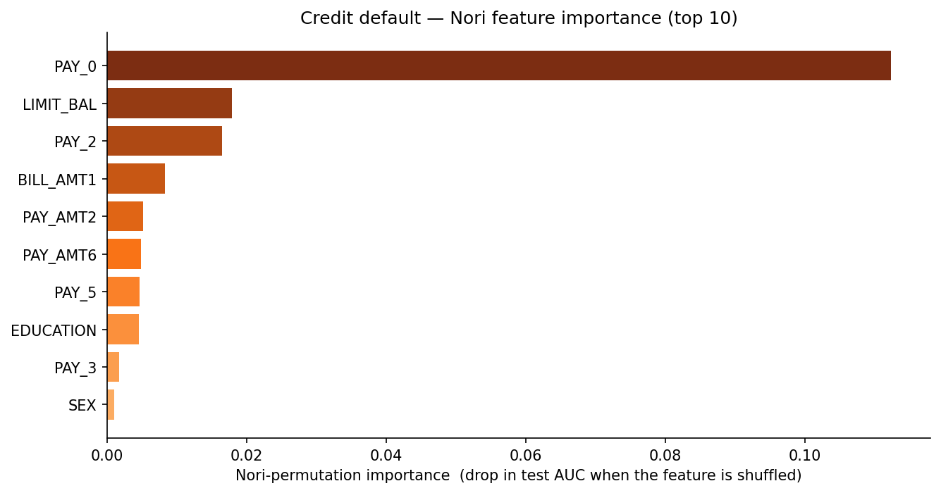 Nori feature importance bar chart for the credit-default dataset