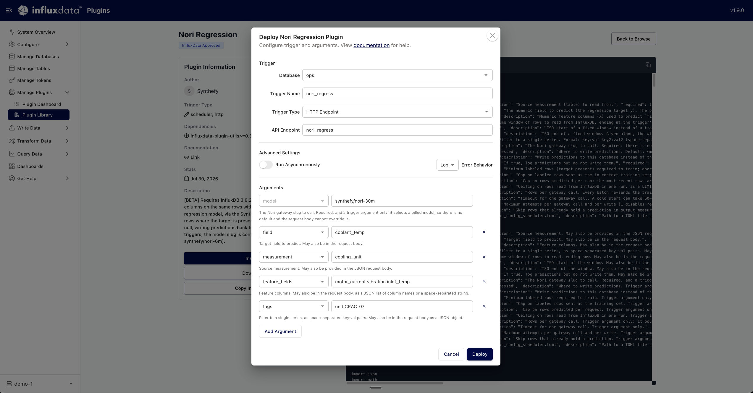 The Deploy Nori Regression Plugin dialog in Explorer, set to an HTTP Endpoint named nori_regress with the model, field, measurement, feature_fields and tags arguments filled in