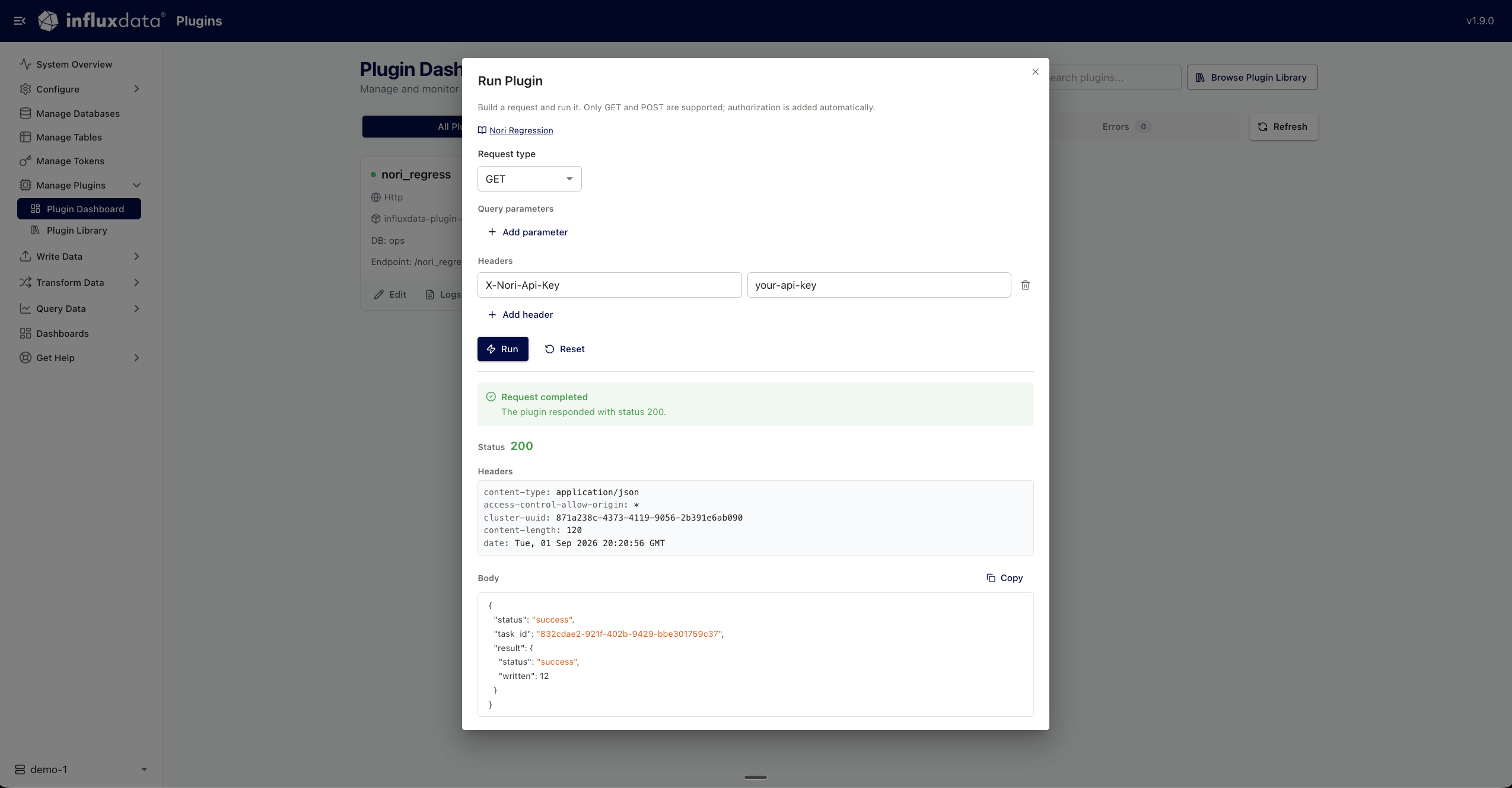 Explorer's Run Plugin dialog with an X-Nori-Api-Key header, showing a 200 response whose body reports twelve rows written