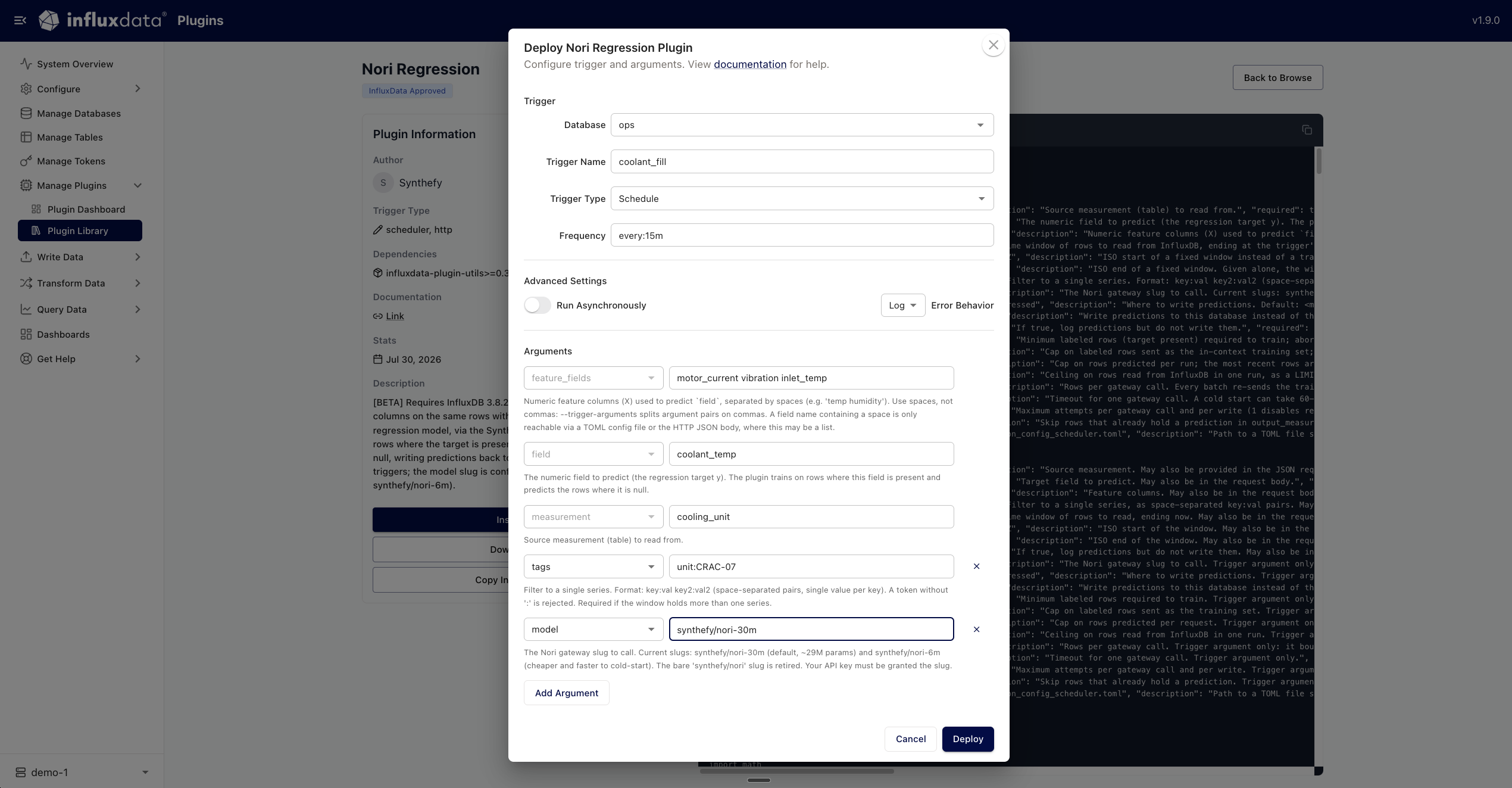 The Deploy Nori Regression Plugin dialog in Explorer, set to a schedule of every:15m with the measurement, field, feature_fields, tags and model arguments filled in