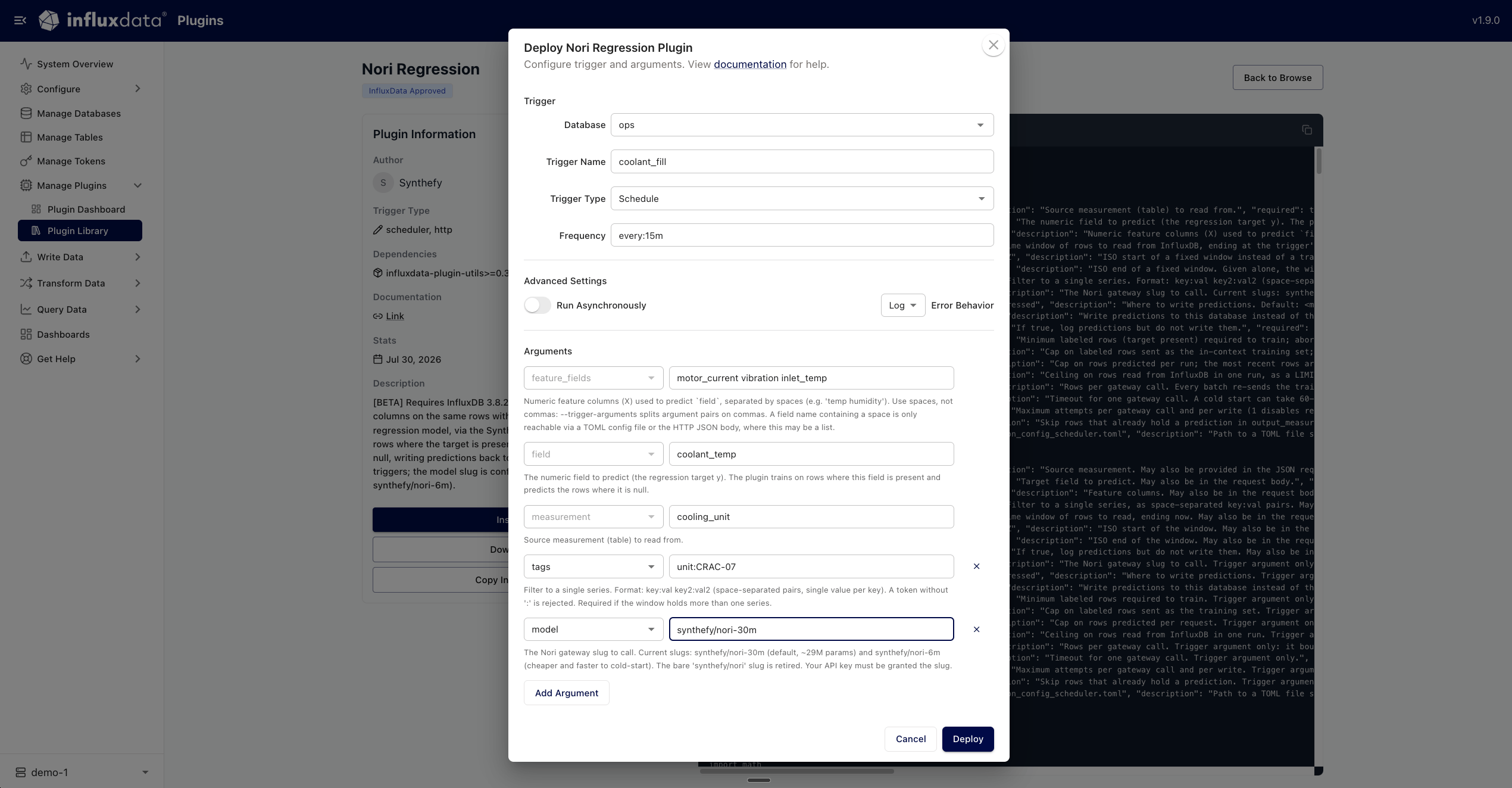 The Deploy Nori Regression Plugin dialog in Explorer, set to a schedule of every:15m with the measurement, field, feature_fields, tags and model arguments filled in