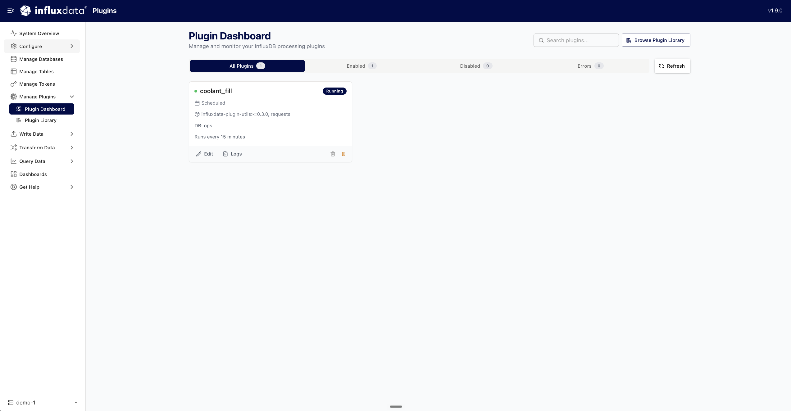 The Explorer Plugin Dashboard showing the coolant_fill trigger running on a 15 minute schedule against the ops database