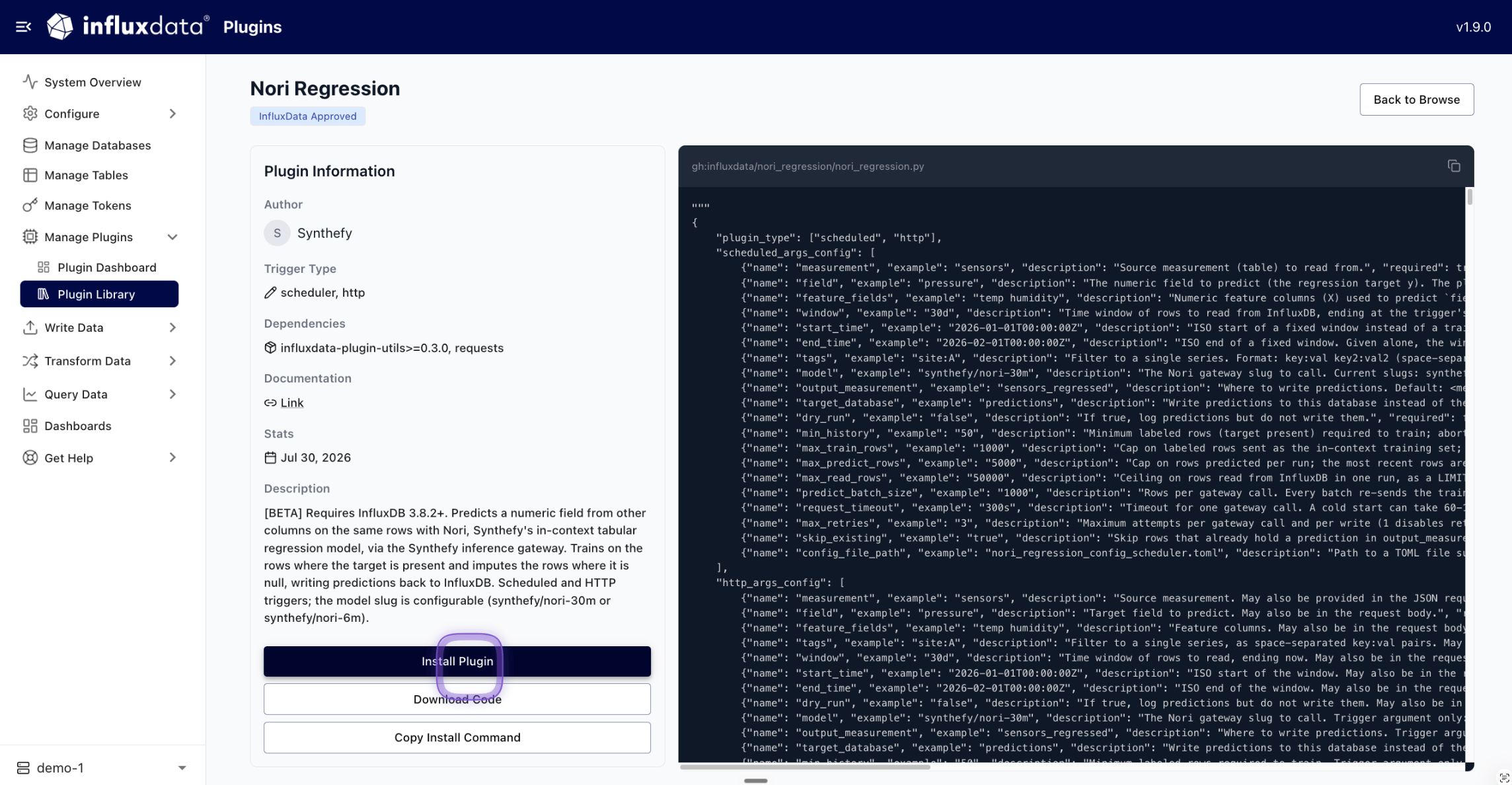 The Nori Regression plugin page in Explorer, showing its arguments and the Install Plugin button