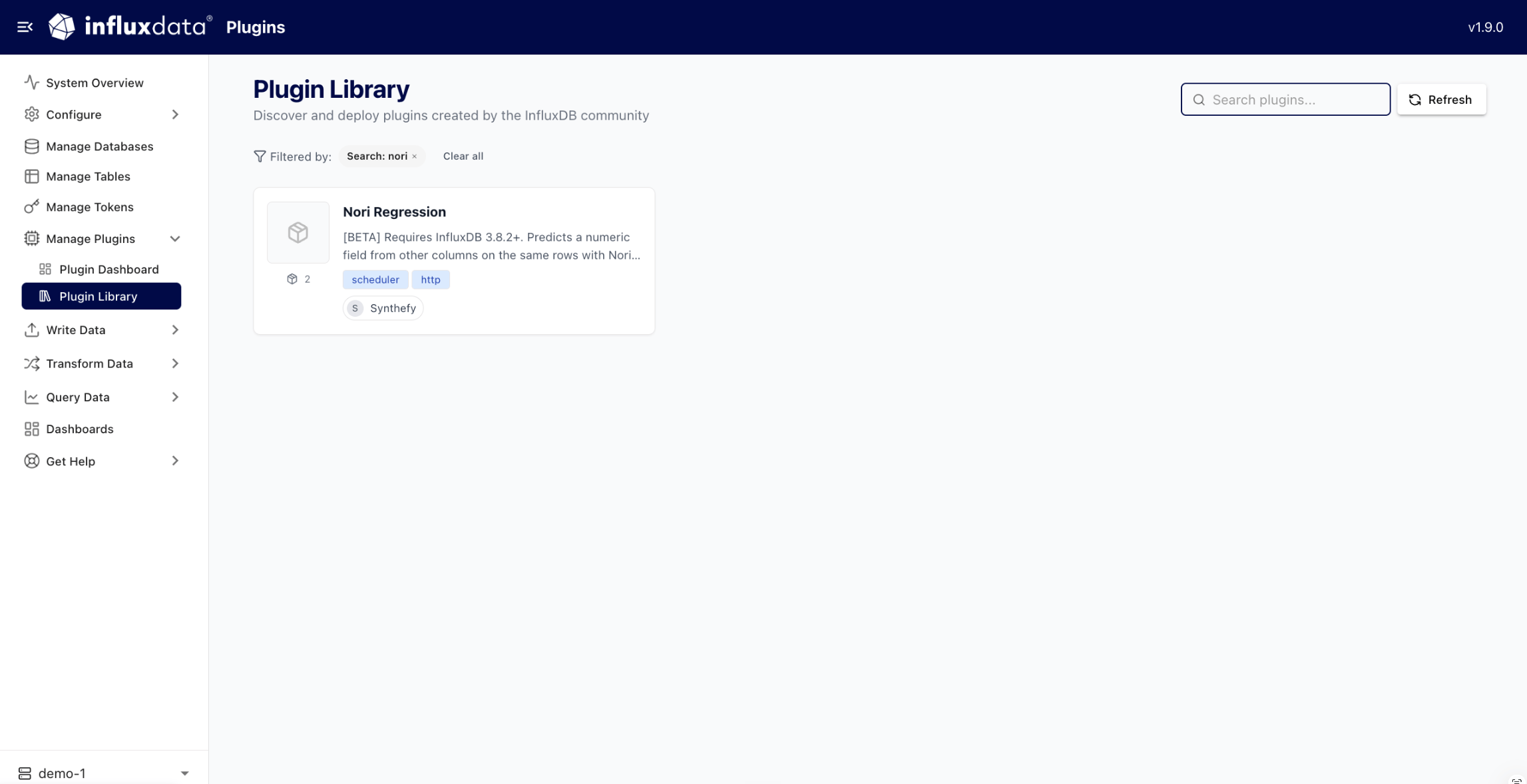 InfluxDB 3 Explorer Plugin Library filtered to the Nori Regression plugin by Synthefy