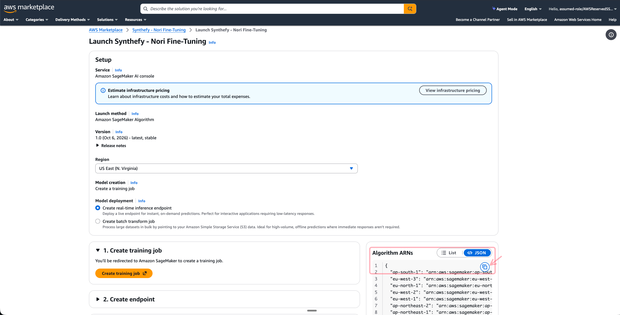 Launch page for Synthefy - Nori Fine-Tuning with the Algorithm ARNs panel and its copy button highlighted
