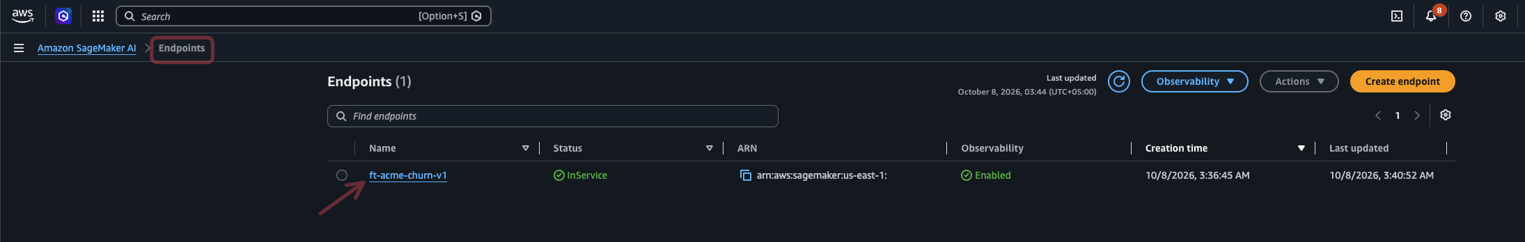 A fine-tuned model's asynchronous endpoint InService in the SageMaker AI console