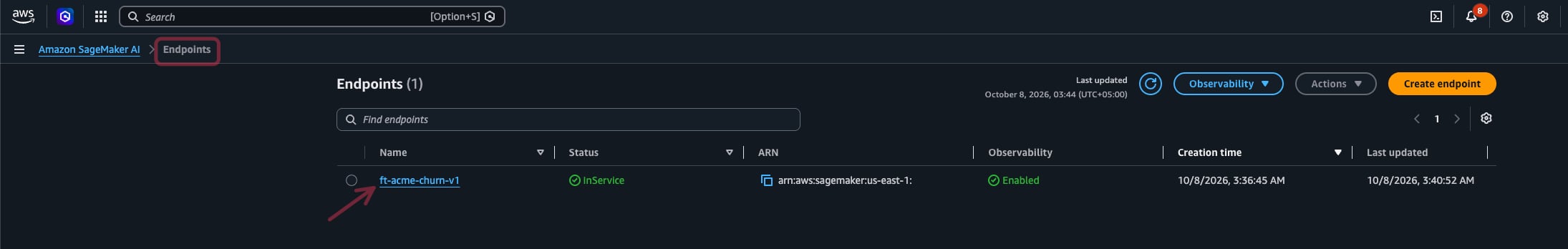 A fine-tuned model's asynchronous endpoint InService in the SageMaker AI console