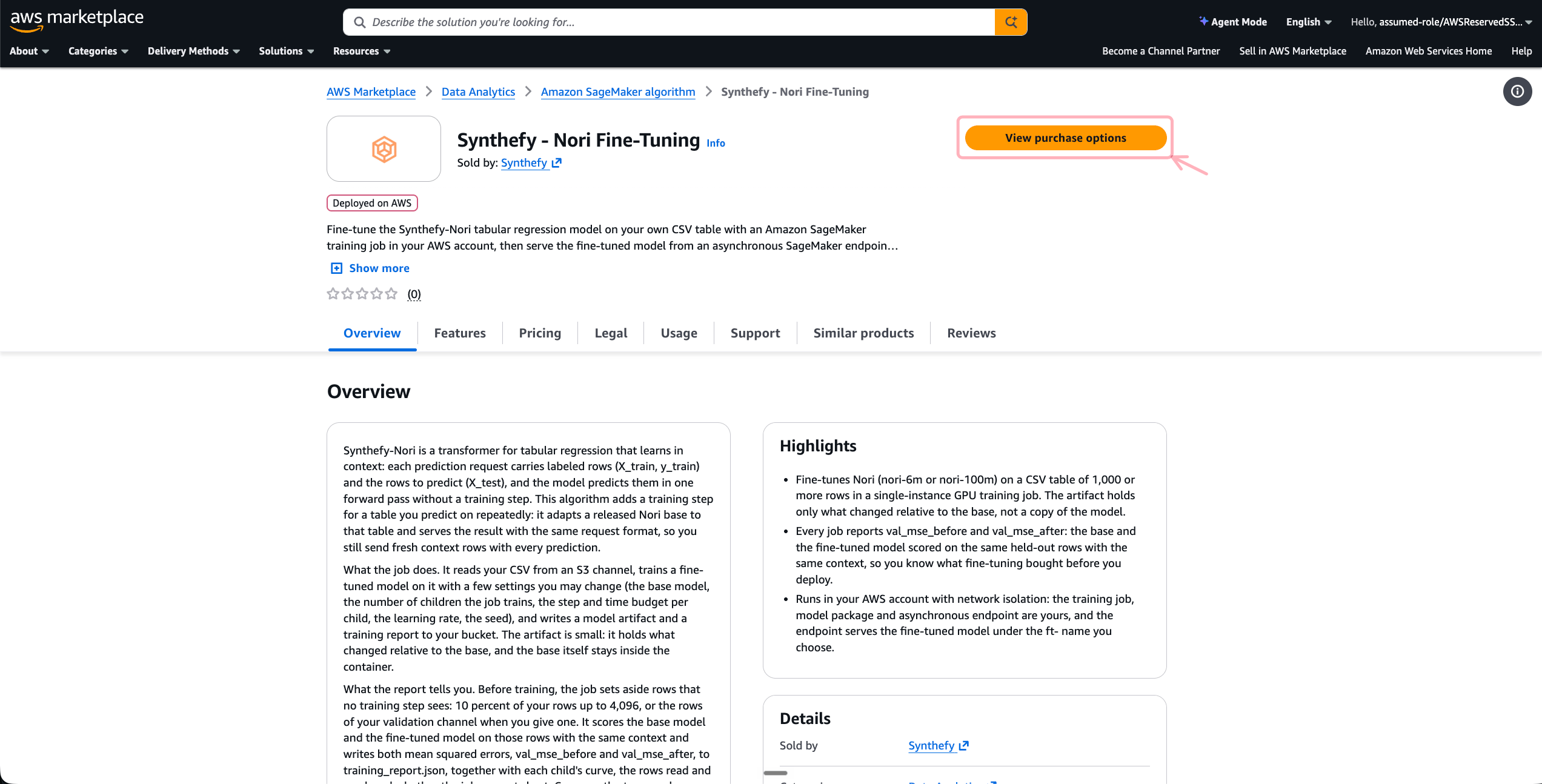 Synthefy - Nori Fine-Tuning product page in AWS Marketplace with View purchase options