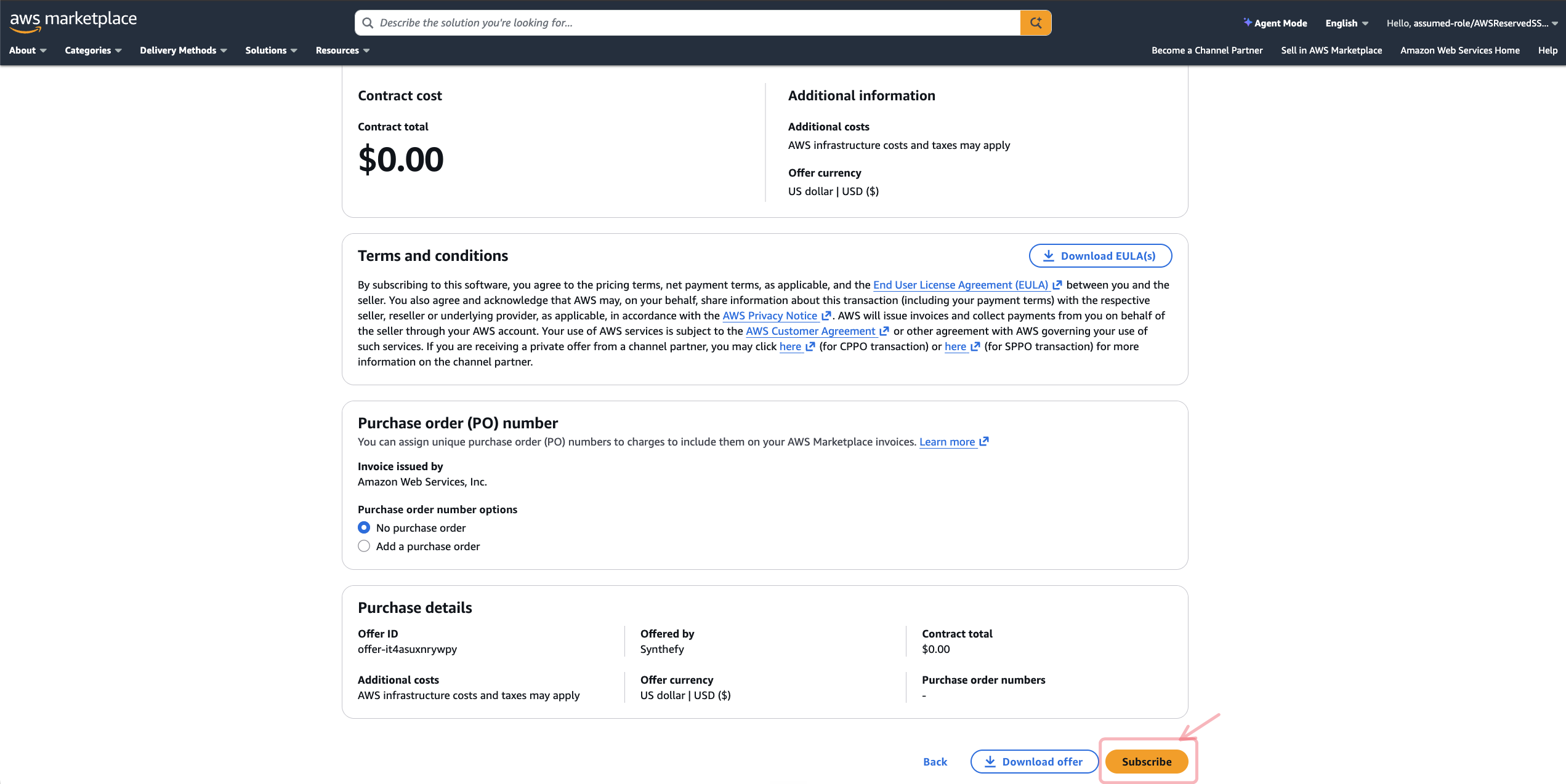 Synthefy - Nori Fine-Tuning purchase options page with Subscribe highlighted
