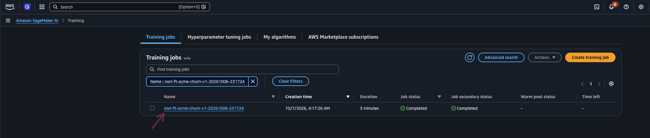 A completed fine-tuning job in the Training jobs list of the SageMaker AI console
