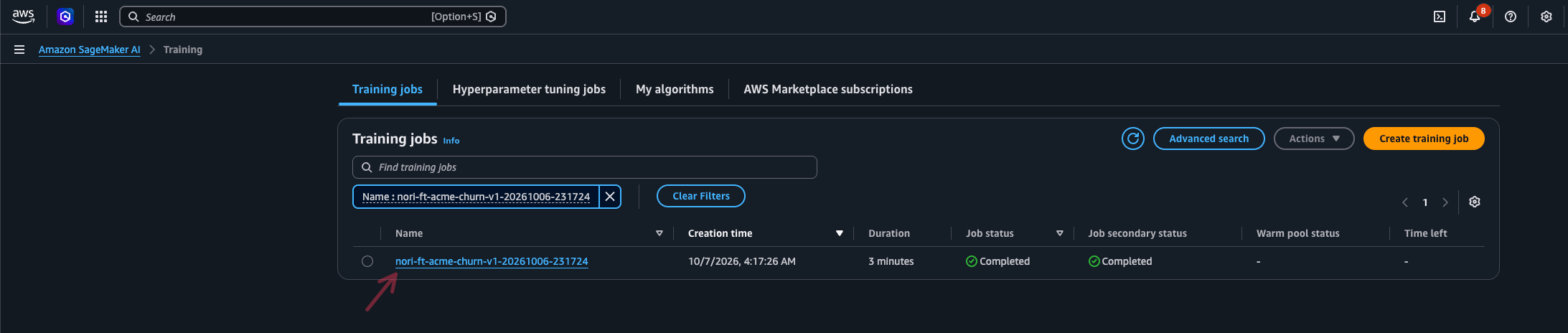 A completed fine-tuning job in the Training jobs list of the SageMaker AI console