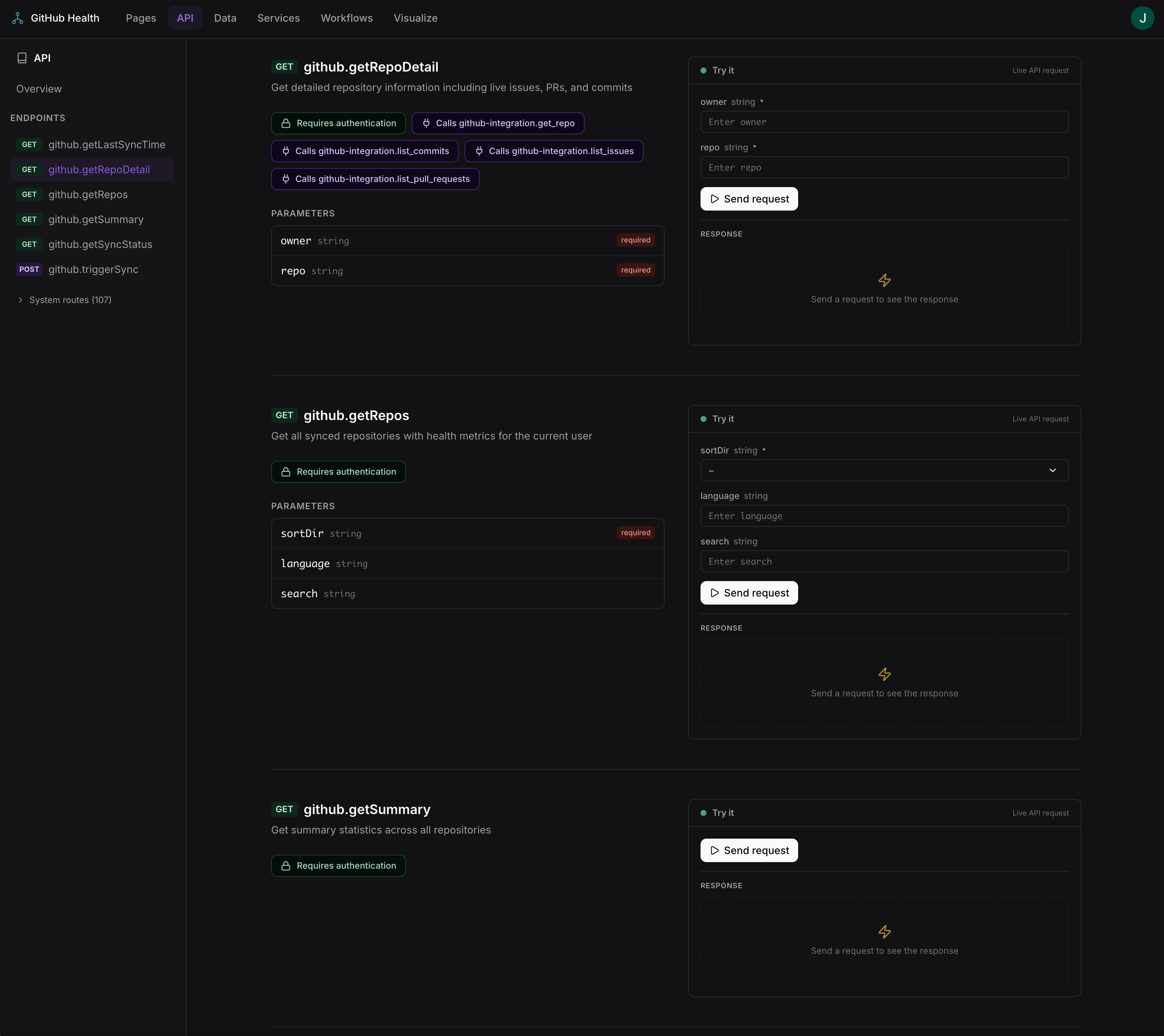Procedure detail view with schemas and interactive console