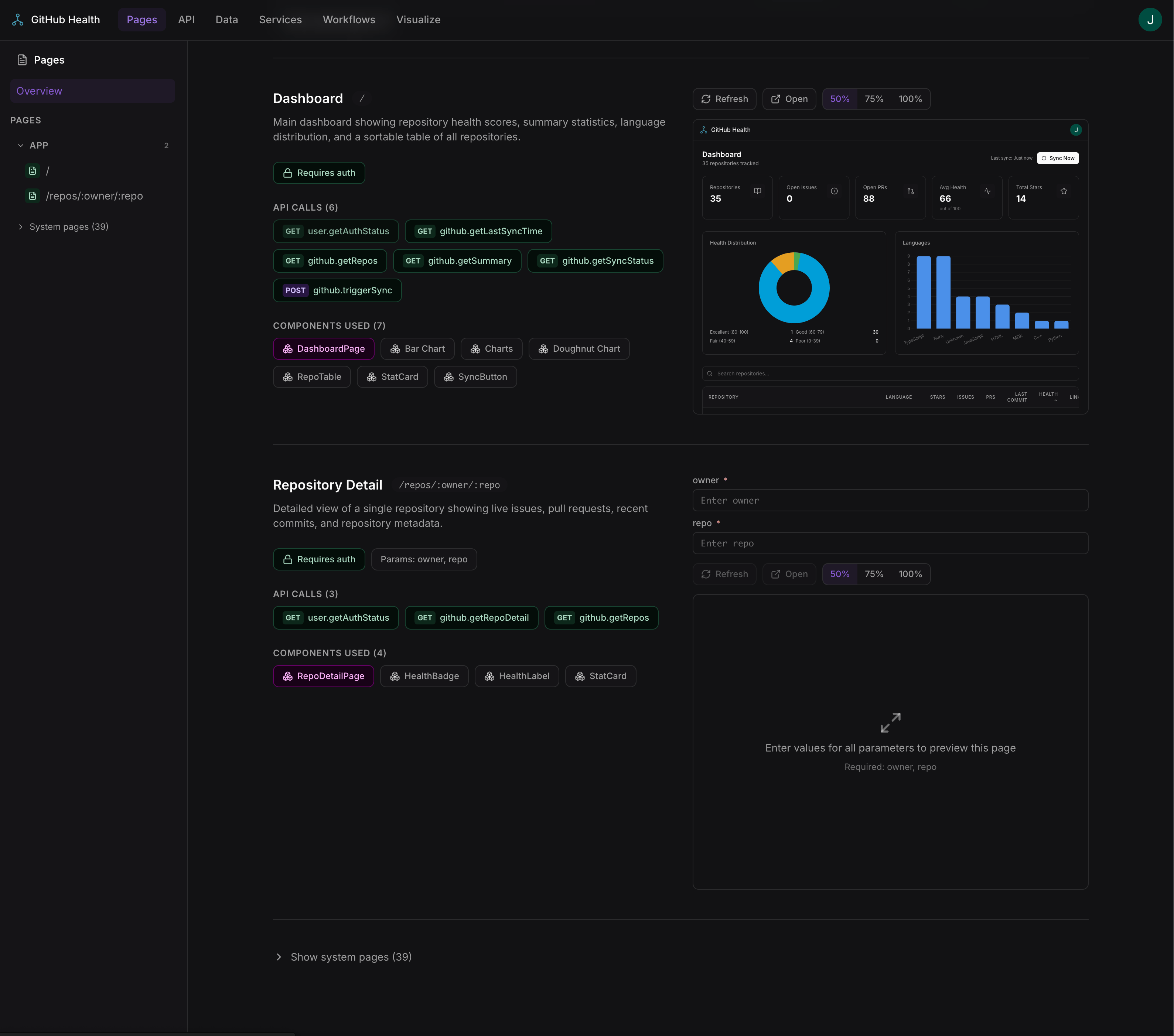 Page detail view showing live iframe preview and associated API calls
