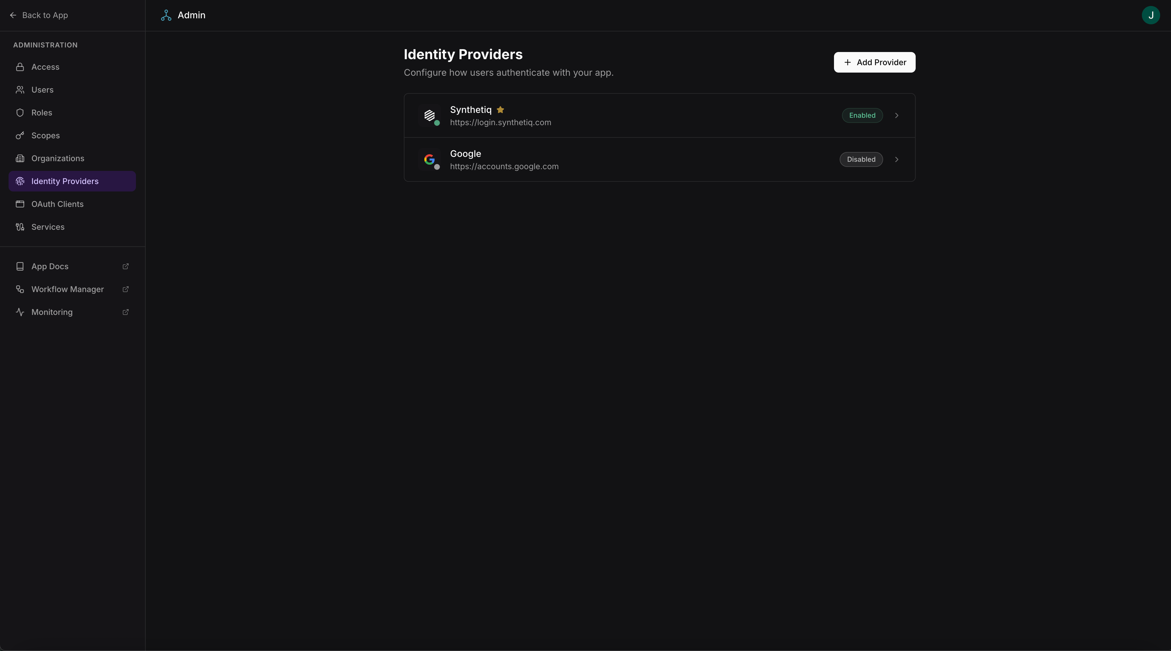 Identity providers page