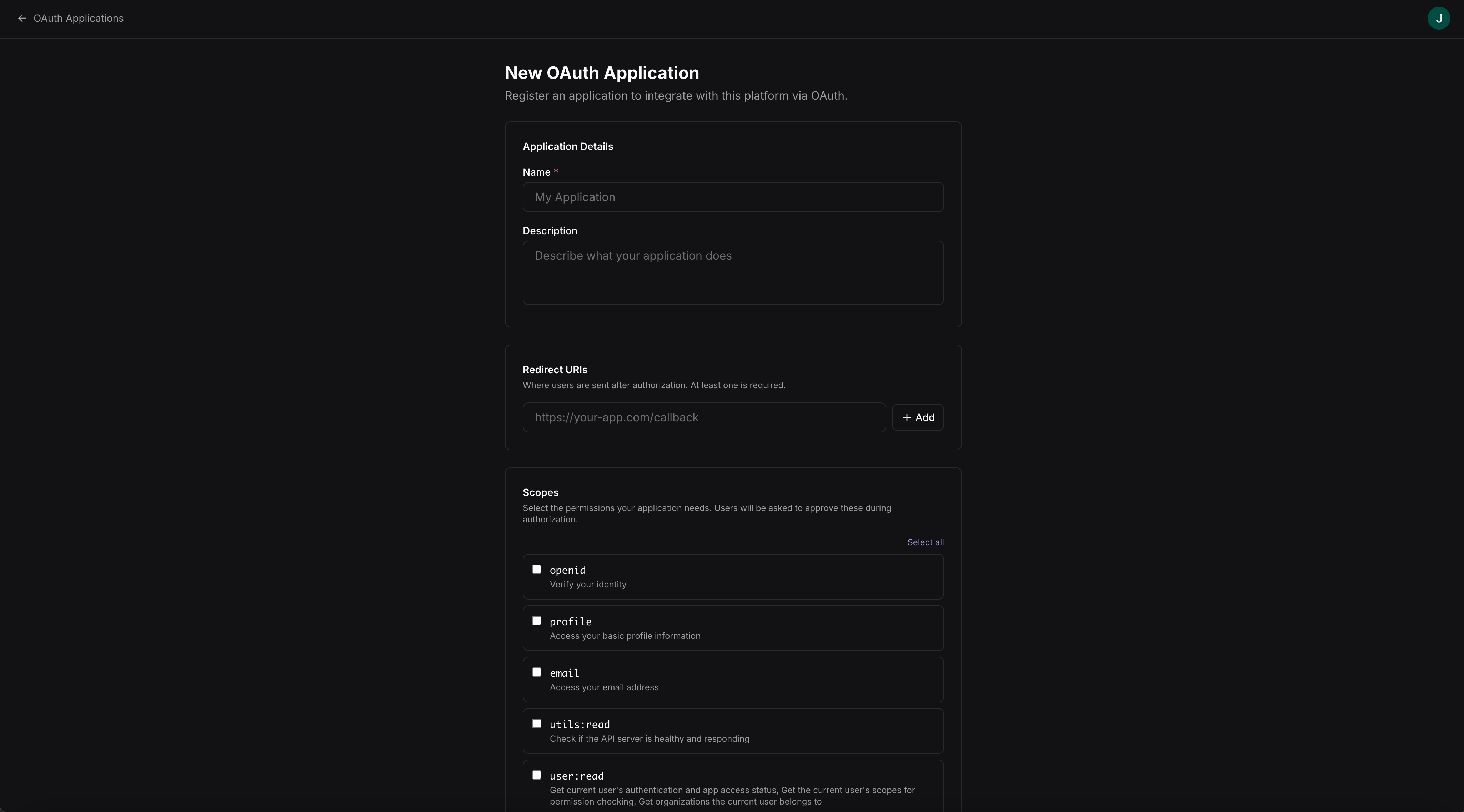 Create OAuth app form