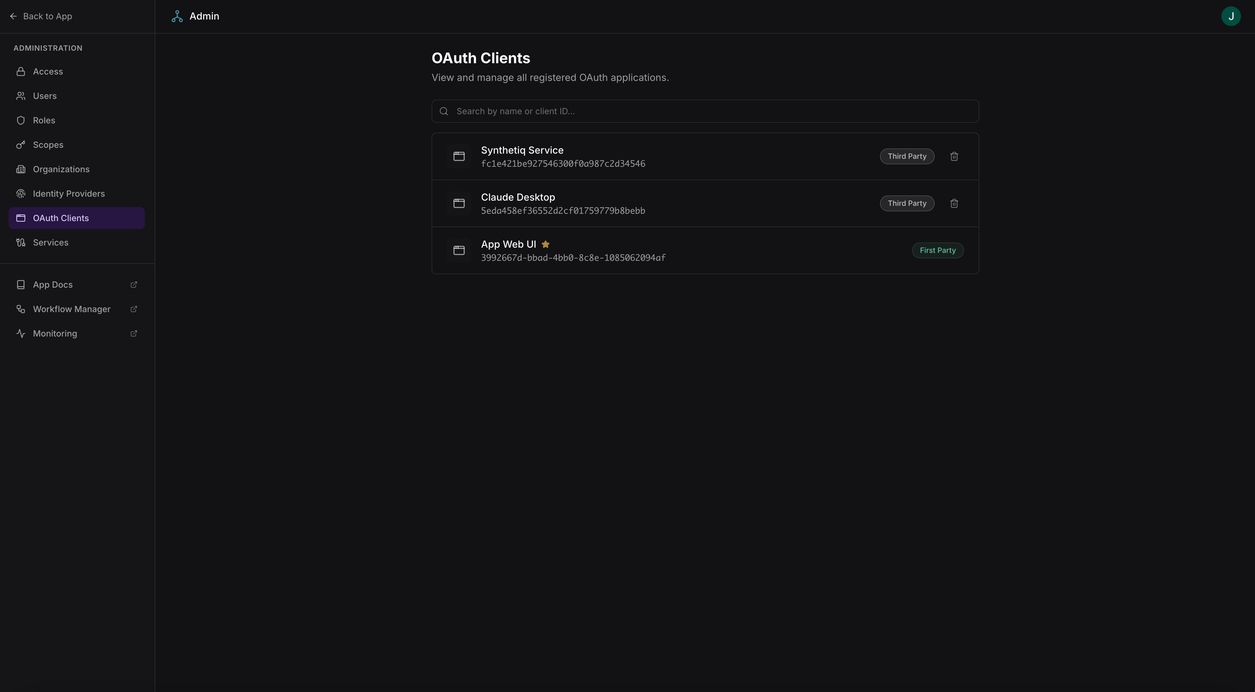 Admin OAuth clients page