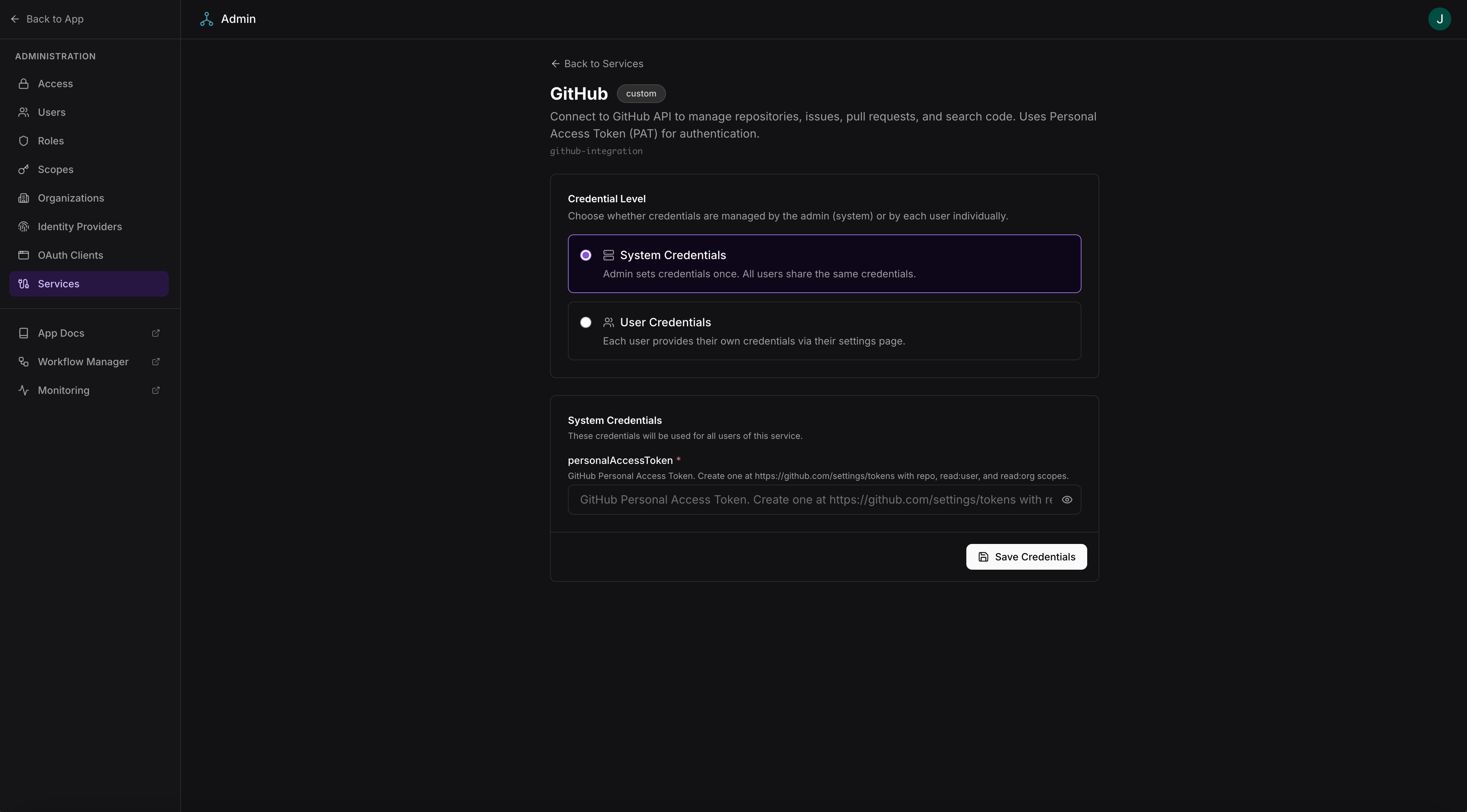 Service configuration page