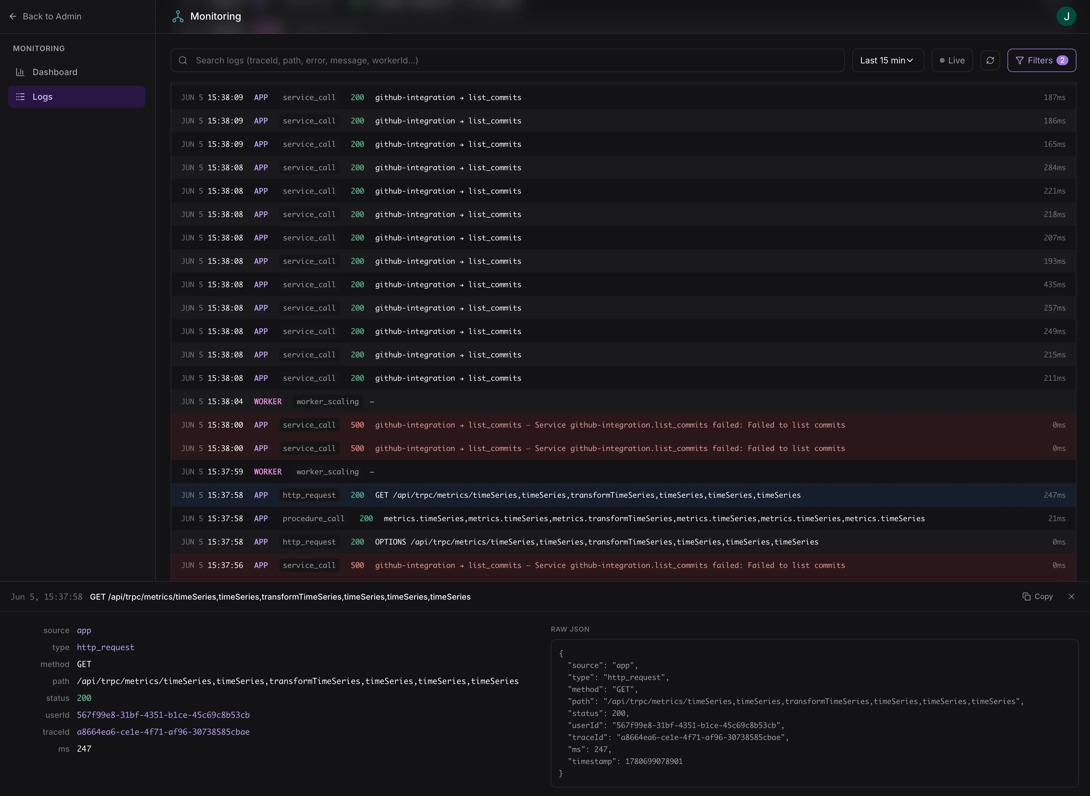 Log search interface with structured filtering