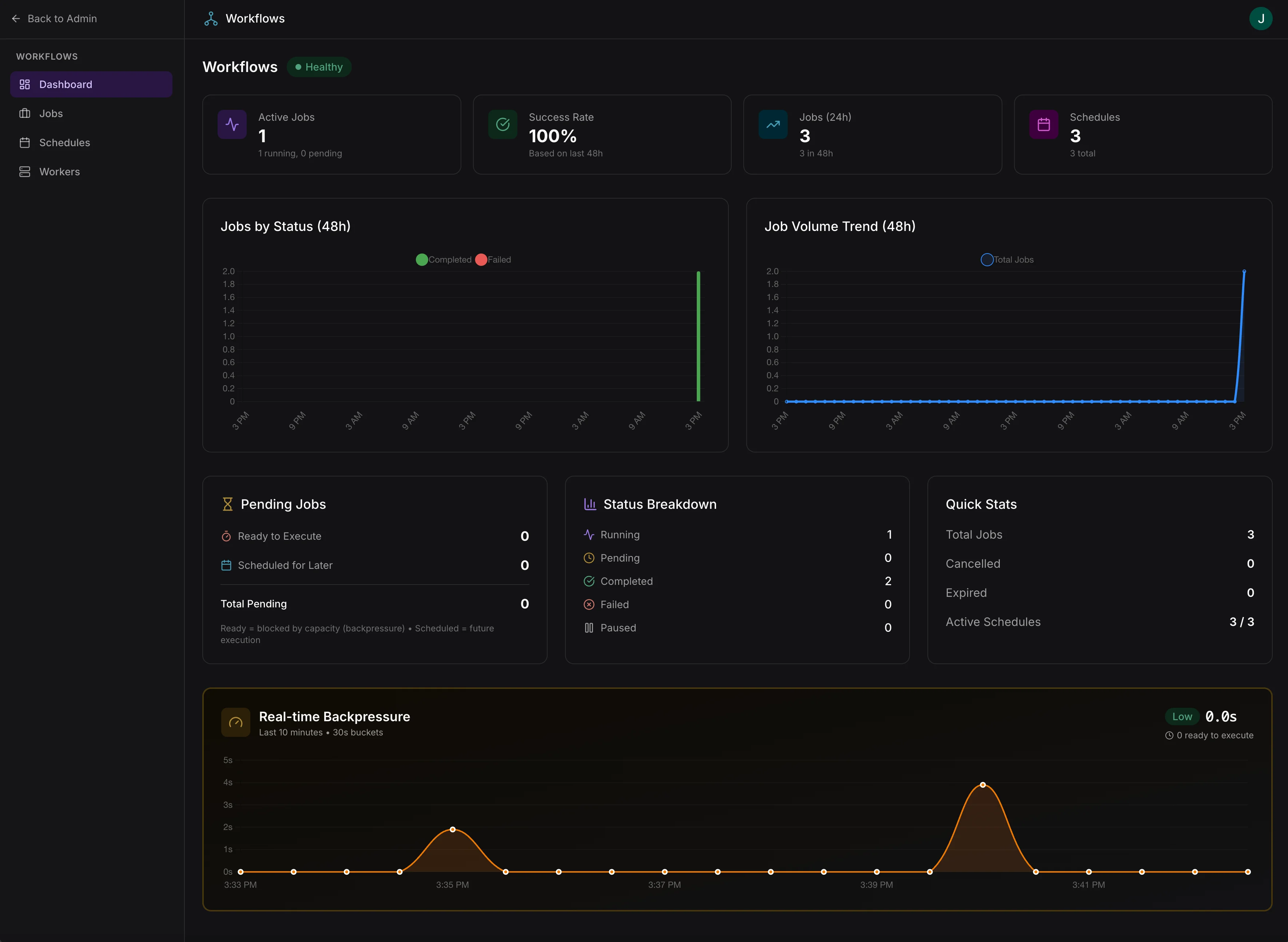 Workflows dashboard showing job health and execution status