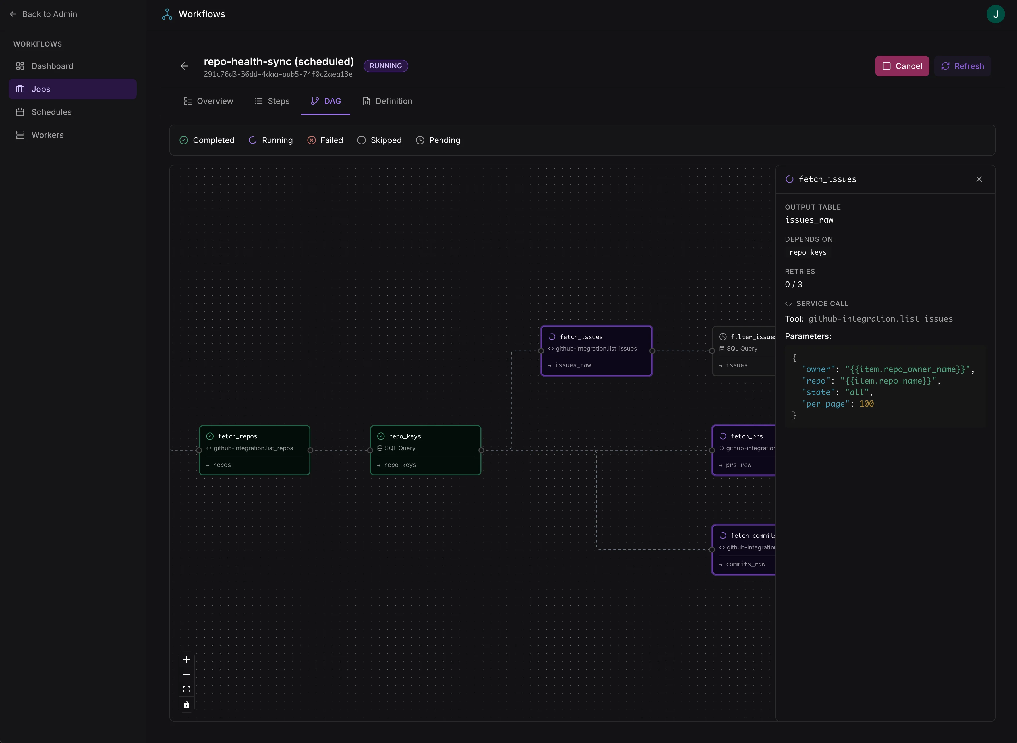 Workflow job detail page showing progress, steps, and results